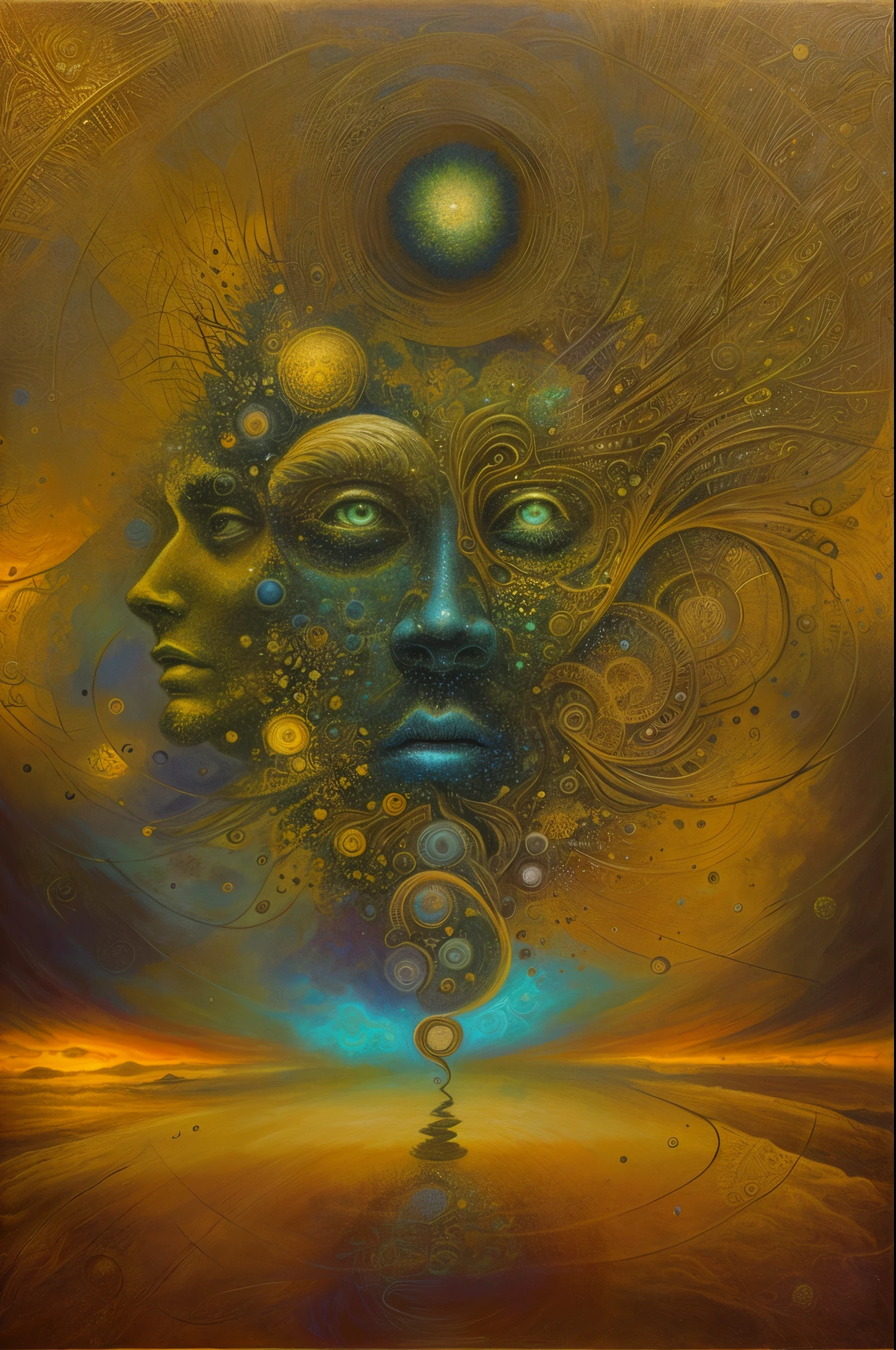Face fitting all the canvas composed a world like a crazy dream on wastelands beyond fantasy, horror movie scene, dark deep blue and golden yellow, 4D, 8K, photorealistic, dreamlike, fantastic creatures on big and complex composition storytelling, masterpiece, artwork by Beksinski, artwork by Bernie Wrightson, artwork by Jeremy Mann, Surrealism, Impressionism