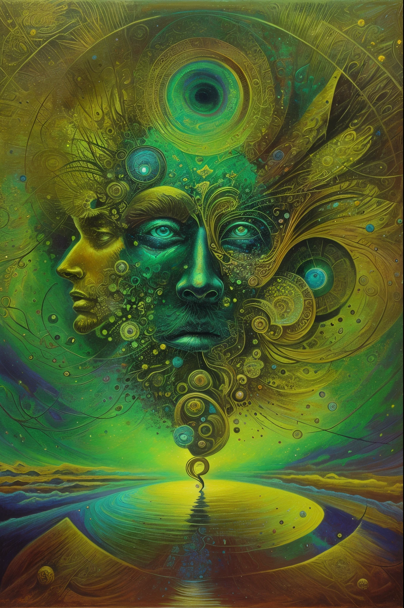 A picture of a man with faces made of different shapes, visionary art, spiritual imagination of duality, alex gray and beksinski, 8 0's Style Thomas Allen Copella, Written by Tomas Allen Kopera, psychedelic surreal art, surreal art, digital visionary art, highly detailed visionary art, hyper - detailed visionary art