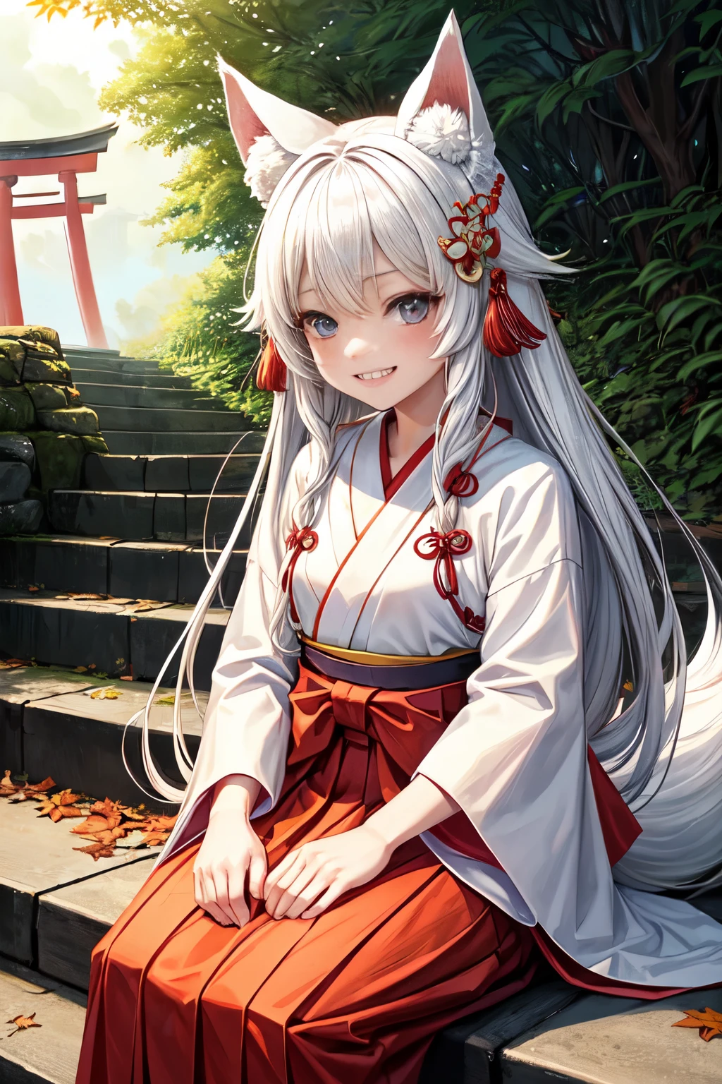 the anime character is sitting on stairs covered in vines and leaves, japanese clothes, 1girl, animal ears, miko, solo, torii, outdoors, hakama, long hair, red hakama, stairs, sitting, white hair, skirt, hakama skirt, looking at viewer, wide sleeves, blue eyes, fox ears, white kimono, day, kimono, animal ear fluff, tree
, grin, ((die, JC,litl,kodomo))