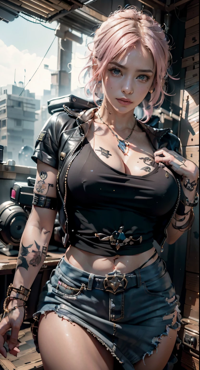 (1girl, pink hair:1.3), solo, __body-parts__, official art, unified 8k wallpaper, super detailed, beautiful and aesthetic, beautiful, masterpiece, best quality, raw, masterpiece, super fine photo, best quality, super high resolution, photorealistic realism, sunlight, full-body portrait, amazing beauty, sexy seductive slutty dynamic pose, delicate face, vibrant moonlight eyes, (from the front), she wears a futuristic Harajuku-inspired futuristic cyberpunk hip hop clothing, perfect color scheme, (holding a shield), super huge enormously gigantic tits, cleavage showing, gigantic tits bursting out of her shirt, very detailed abandoned post apocalyptic city background, detailed face, detailed complex busy background, messy, gorgeous, milky white, highly detailed skin, realistic skin details, visible pores, sharp focus, volumetric fog, 8k uhd, DSLR camera, high quality, film grain, fair skin, photo realism, lomography, huge metropolis in future dystopia background, seen from below, translucent