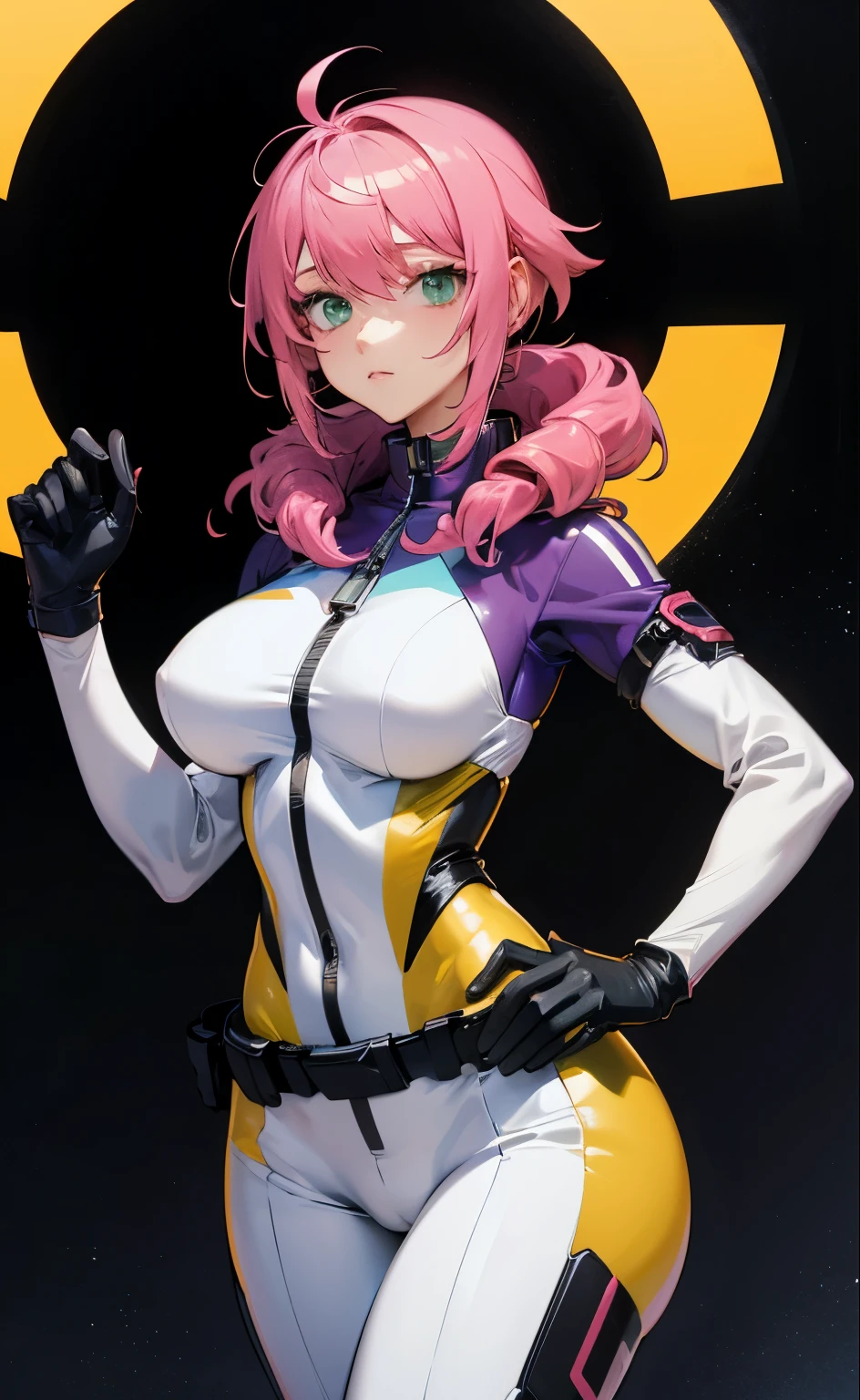 masterpiece, best quality, 1girl, short hair, drill hair, pink platinum hair, yellow space suit, white collar, gray gloves, slender waist, wide hips,