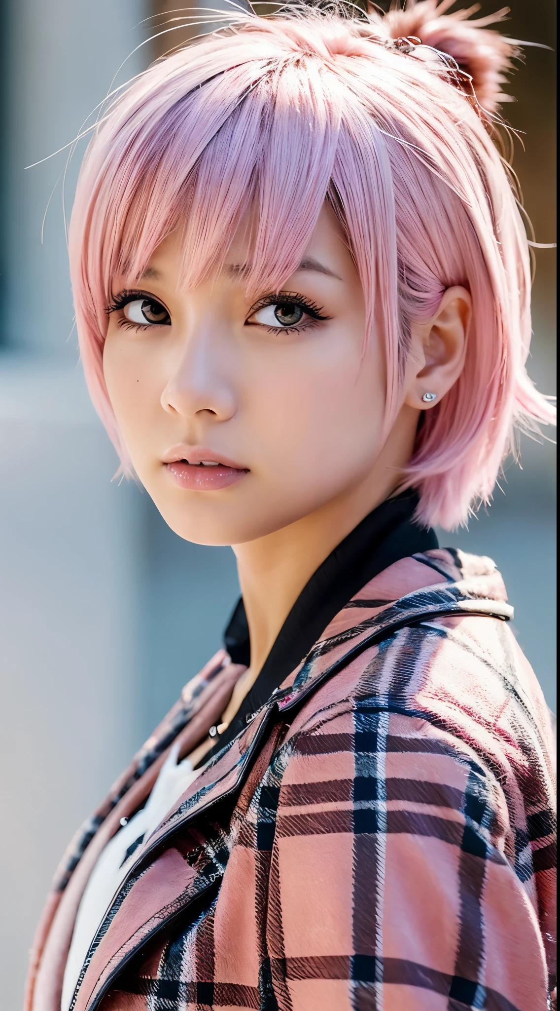 duskspider, illustration, 1boy, male focus, Hideto Mastumoto, hide from X-japan, japanese rock star, the pink spider, bokeh, brown_eyes, closed_mouth, cosplay_photo, depth_of_field, figure, film_grain, focused, jacket, looking_at_viewer, plaid, plaid_shirt, spiked_hair, stadium, unconventional_media, white_background, eyeliner, brown eyes, PINK HAIR, solo, looking_at_viewer, emotional, highly detailed, wide shot,art by artgerm,