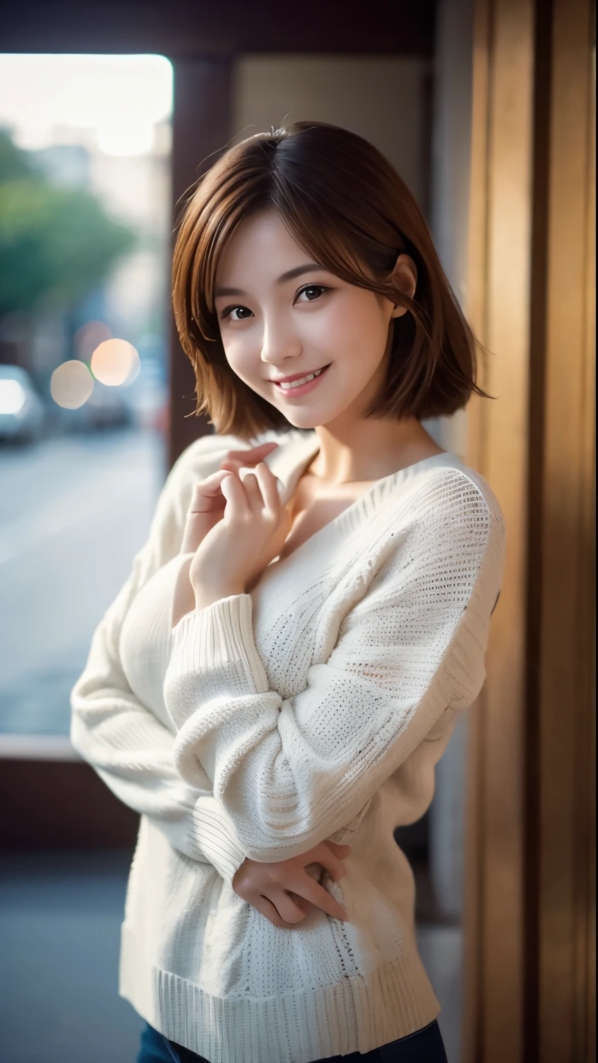 (8K, table top:1.2, realistic, Photoreal:1.37, super high quality, Super high resolution), professional lighting, photon mapping, radio city, Physically based rendering, cinematic lighting, unreal engine, Depth of bounds written, sharp focus, RAW photo, good composition, Bokeh:1.2, 35mm lens:1.25, white knit sweater,rich breasts,brown hair on one side'shoulder,laugh happily,Do not show ears,big eyes,slightly sagging eyes,No makeup,