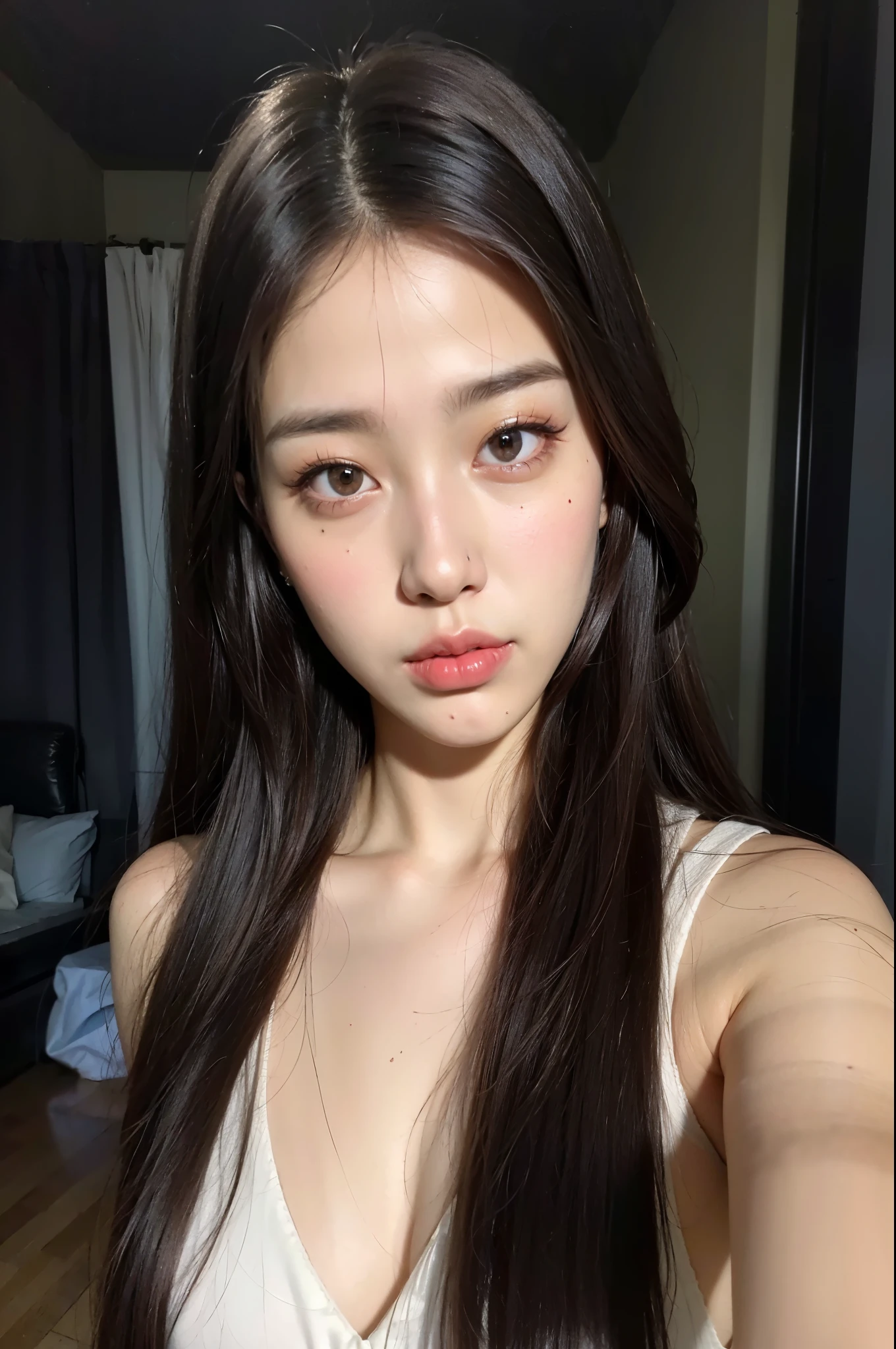 Un primer plano de una mujer con cabello largo con una blusa blanca, maquillaje popular de corea del sur, maquillaje coreano popular, ulzzang, hermosa mujer surcoreana, joven y adorable rostro coreano, muchacha coreana, hermosa joven coreana, hermoso rostro estetico, rasgos de la cara coreana, pale korean adorable face, hermosa joven coreana, Jinyoung Shin, pale round face, jaeyeon nam