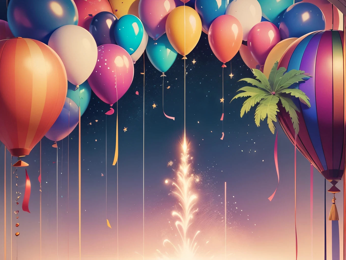 Create a birthday background wall picture surrounded by balloons, fireworks, decorations and other elements. Leave some white space in between.  --auto --s2