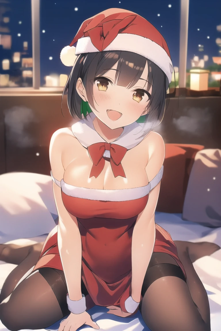 1girl, bangs, black hair, blush, bright eyes, brown eyes, looking at the viewer, red bow, red headband, red ribbon, short hair, medium breasts, solo, indoors, shiny skin, smile, happy, beautiful, parfect anatomy, perfect hands, Christmas tree, Santa Claus costume, Sweet face, Red Christmas Dresses, candy cane stockings, Against the background of winter scenery, perfect hands, snow, steam, night