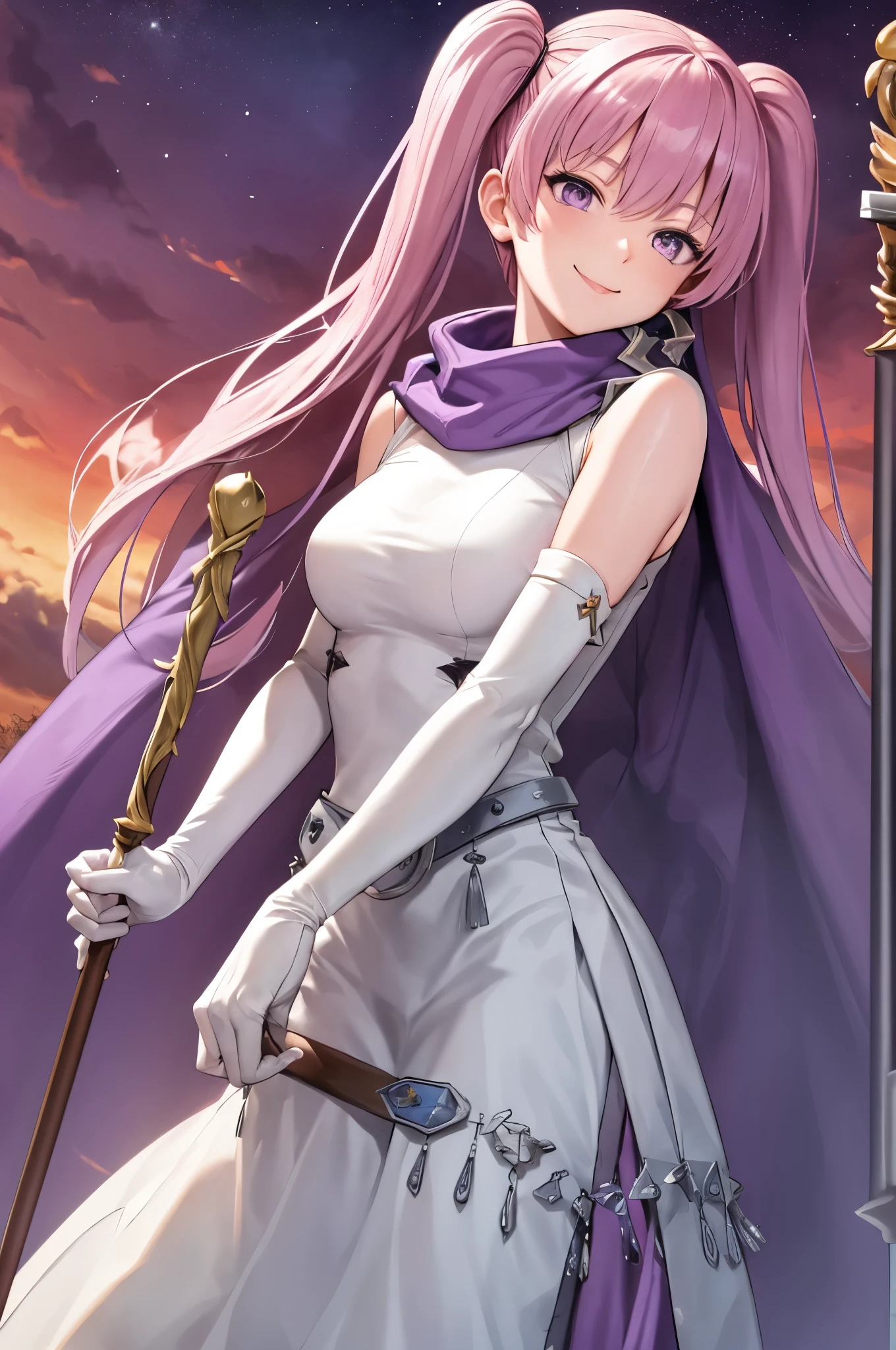 masterpiece, best quality, serra, purple eyes, long white dress, sleeveless, elbow gloves, purple scarf, belt, holding wizard's staff with both hands, from side, sky, red sky, smile