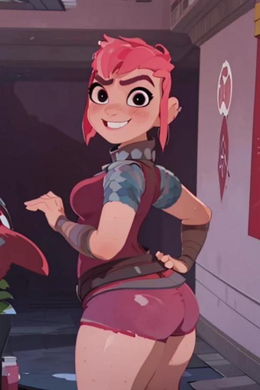 (Best quality, anime style render, ultra detailed, masterpiece, 1girl), ((((solo)))), ((rear view)), Human, female, nimona, (making a sexy pose), (with perfect hands), ((looking at viewer centered, evil smile, slightly angry, smiling)), black eyes, (((blushing))), (pink hair), sharp, large breasts, (wide hips, thick thighs, thick legs), sharp eyes, perfect eyes, ((wearing crimson shorts, a red t-shirt, a black collar)), in a street, at midnight, dark night
