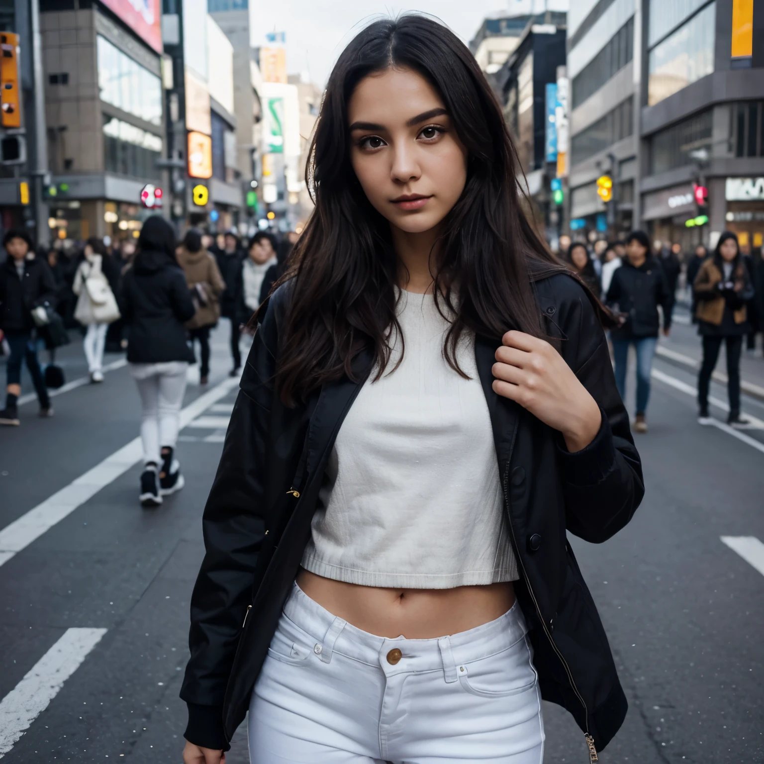 Masutepiece、highest qualityr、high resolusion、Eleonora Pavinato, 23 years old, Younger headshot, long Black hair, realistic skin, beautiful refined skin, real skin texture, Shibuya Crossing, in a trendy warm streetwear outfit, warm black jacket, white jeans, vibrant crowd background, action shot, wide lens