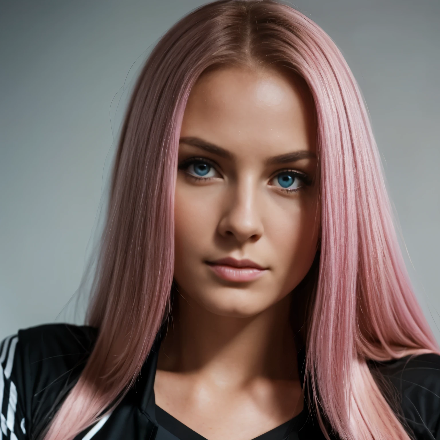 beautiful girl, 23 years old, long hair, pink hair, blue eyes, sharp nose, thin, portrait, hyper realism, black blouse, in the bank, face with 85 mm DLSR color zoom. Very detailed studio face portrait photograph, only head visible, intense view towards camera, mexico soccer clothing, light gray background, unreal engine 5, real photograph. , realism, detailed 