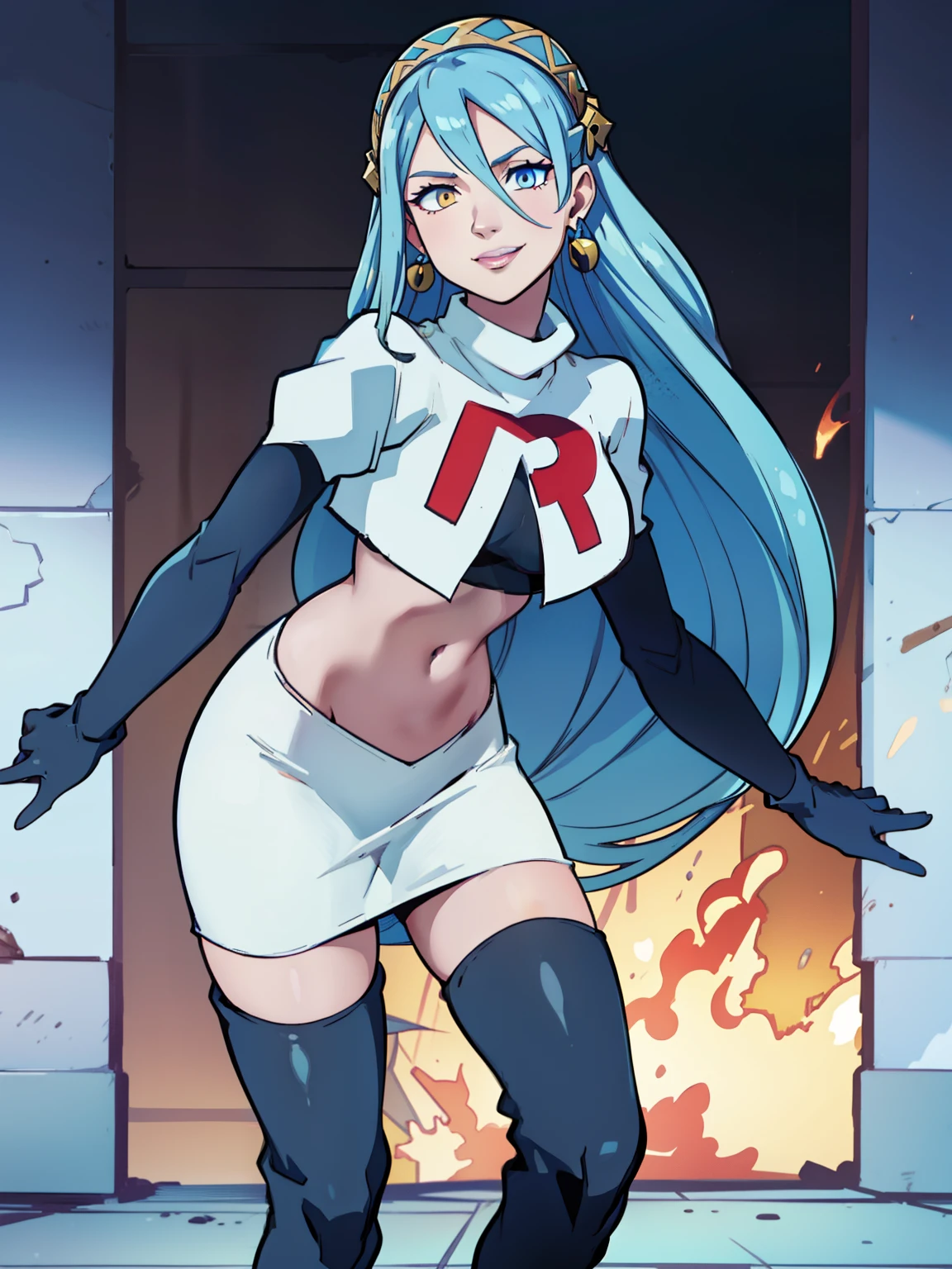 azura \(fire emblem\), yellow eyes ,earrings ,glossy lips, blue eye shadow, makeup ,team rocket uniform, red letter R, white skirt,white crop top,black thigh-high boots, black elbow gloves, evil smile, background