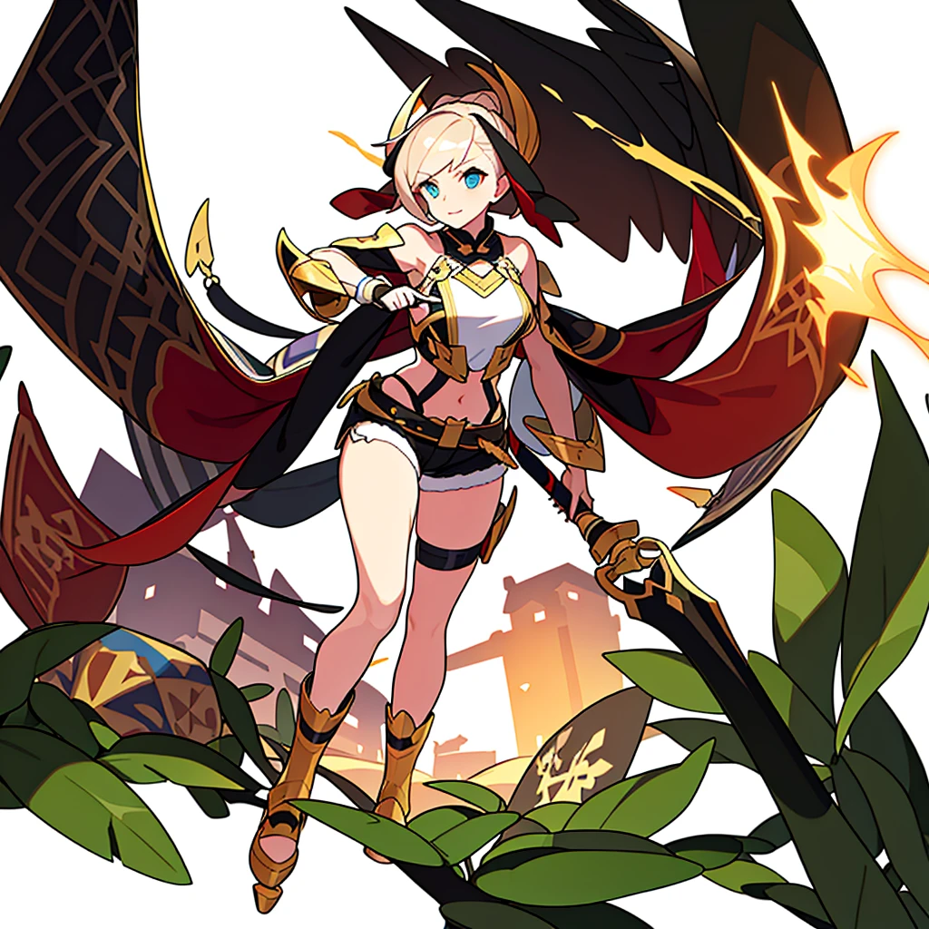 solo female, (((standing))), front body, (((straight on))), (((white background, blurry background))), character focus, fantasy clothes, character design, shorts, holding weapon, fullbody,
