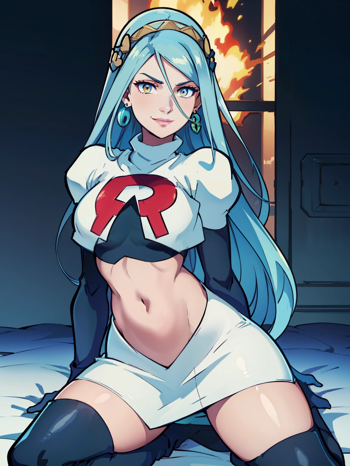 azura \(fire emblem\), yellow eyes ,earrings ,glossy lips, blue eye shadow, makeup ,team rocket uniform, red letter R, white skirt,white crop top,black thigh-high boots, black elbow gloves, evil smile, background