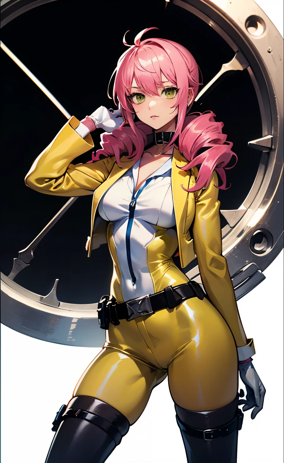 masterpiece, best quality, 1girl, drill hair, pink platinum hair, ((yellow suit:1.4)), ((white collar)), gray gloves, slender waist, wide hips,