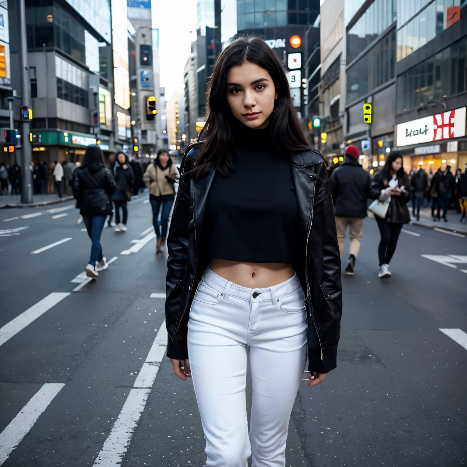 Masutepiece、highest qualityr、high resolusion、Eleonora Pavinato, 23 years old, Younger headshot, long Black hair, realistic skin, beautiful refined skin, real skin texture, Shibuya Crossing, in a trendy warm streetwear outfit, warm black jacket, white jeans, vibrant crowd background, action shot, wide lens, medium shot, full body shot
