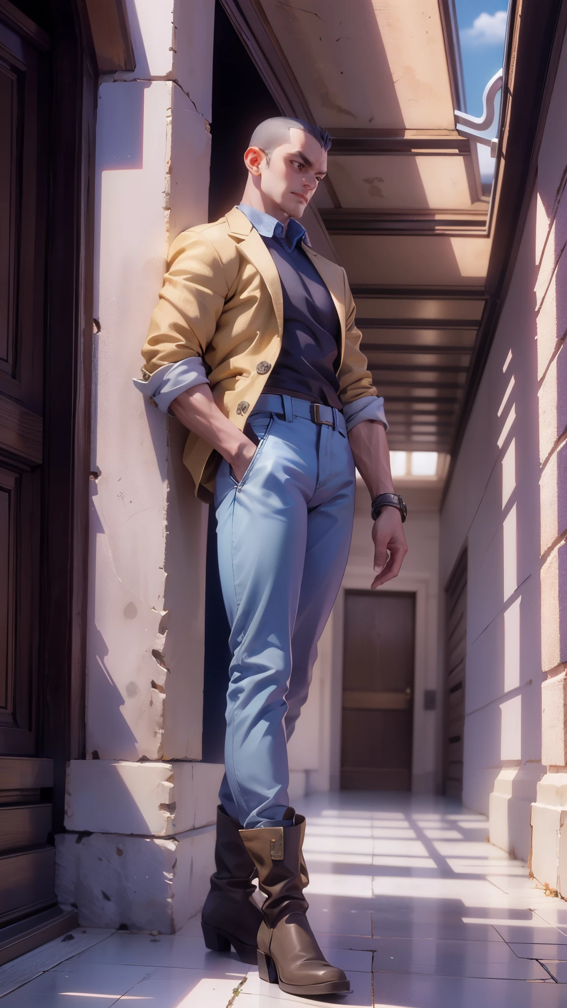 In the backdrop of an ancient fantasy-reality setting, a youth sporting a platinum crew cut displays a piercing gaze and confident demeanor. Adorned in a two-piece fusion outfit, seamlessly blending Western and Eastern influences, he wears a snug dark top paired with a vibrant yellow-blue short jacket. The lower half features loose white utility pants, and his sturdy long boots echo through the corridors of an antiquated architectural landscape. The overall aesthetic captures the essence of a refined and mature anime-inspired  rogue, symmetrical face, extremely detailed eyes and face, high quality eyes, high definition, highres, ultra-fine painting, exquisite and mature, extremely delicate, professional, anatomically correct, creativity, UHD, HDR, 32k, Natural light, cinematic lighting, best shadow, masterpiece-anatomy-perfect, best quality, masterpiece, ultra-detailed