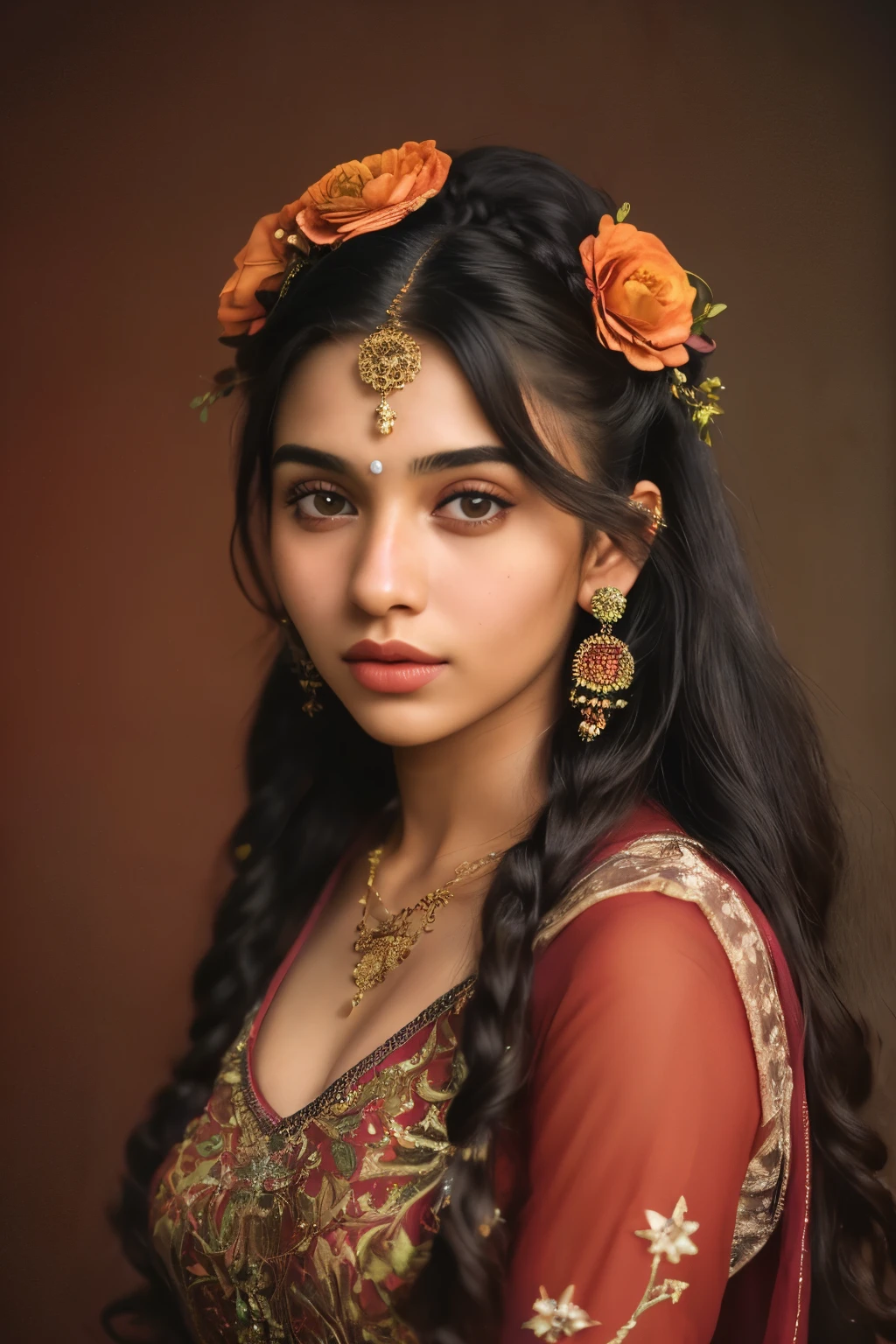 (party dress、Big piercings、a necklace、hair adornments、Up Hairstyles、Floral hair ornament、 editorial photograph of a 21 year old woman), (Highly detailed face:1.4) (Smile:0.7)by lee jeffries, Nikon D850, film stock photograph ,4 Kodak Portra 400 ,Camera F1.6 lens ,Rich colors ,Hyper realistic ,Lifelike texture, Dramatic Lighting , cinestill 800, wearing Salwar Kameez