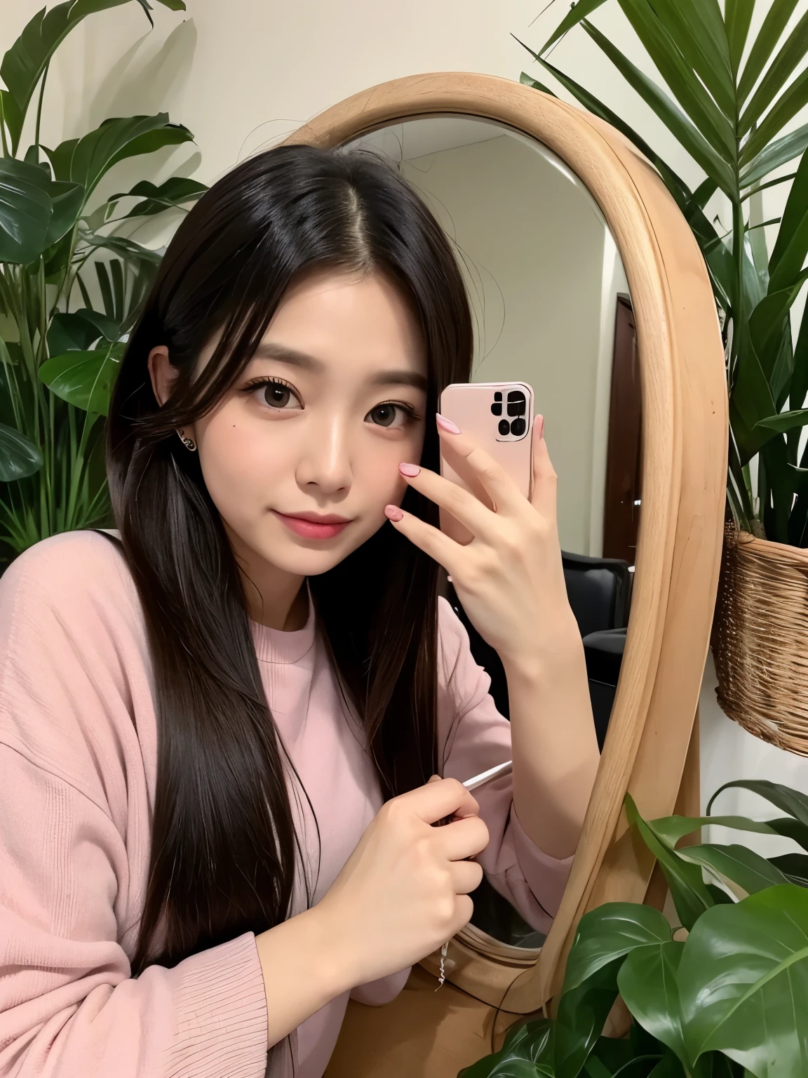 beautician、During the procedure、mirror、Foliage plant