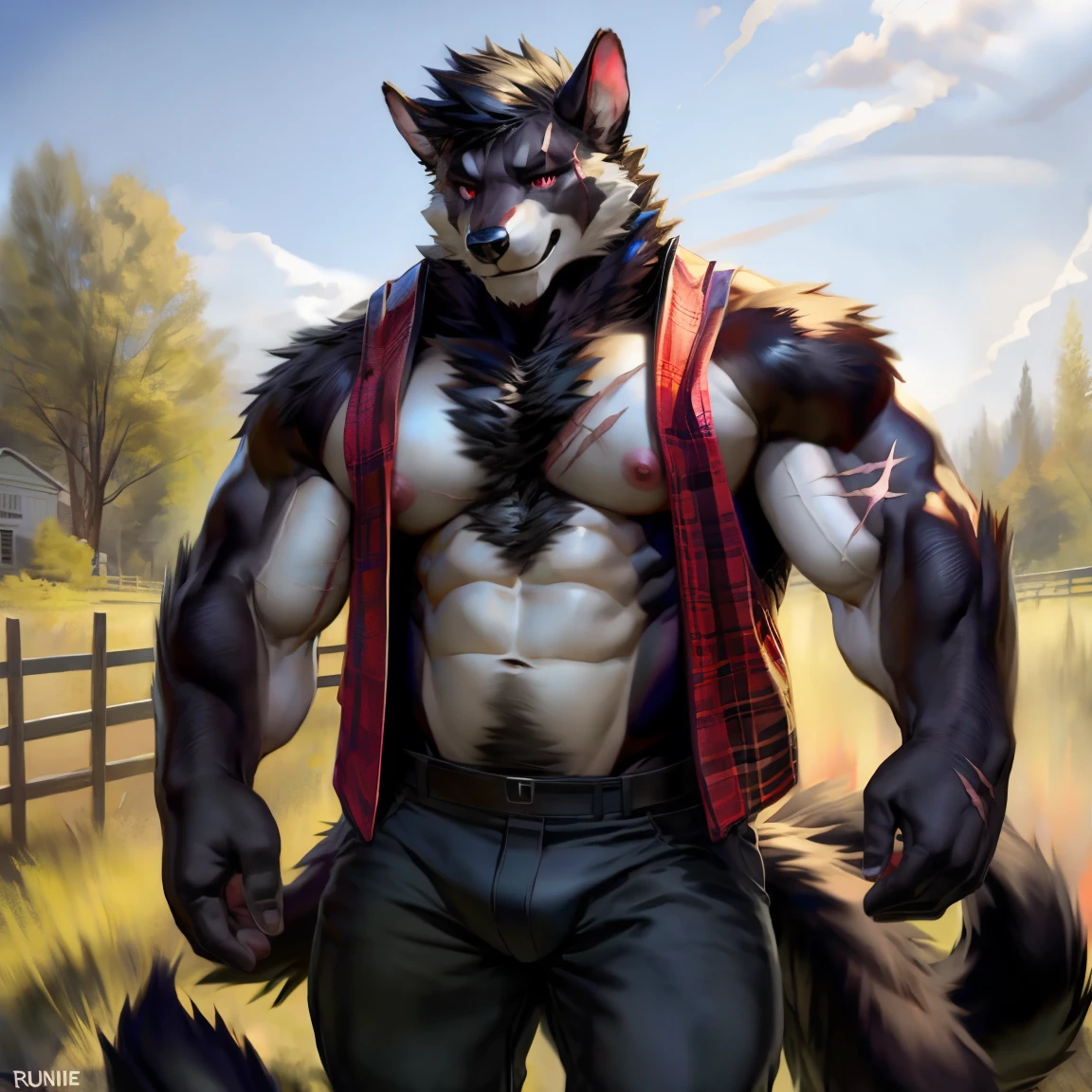 ((best quality)), ((masterpiece)), (detailed), solo, black fur, male, furry, black kitsune, black ears, black shaggy hairstyle, chest fluff, daddy, dilf, mature man, ((scar on left eye)), red eyes, bara, brown vest, dark brown pants, pink nipples,((multiple tails)), farm setting, calm atmosphere, dynamic perspective, by null-ghost, by raccoon21, chunie