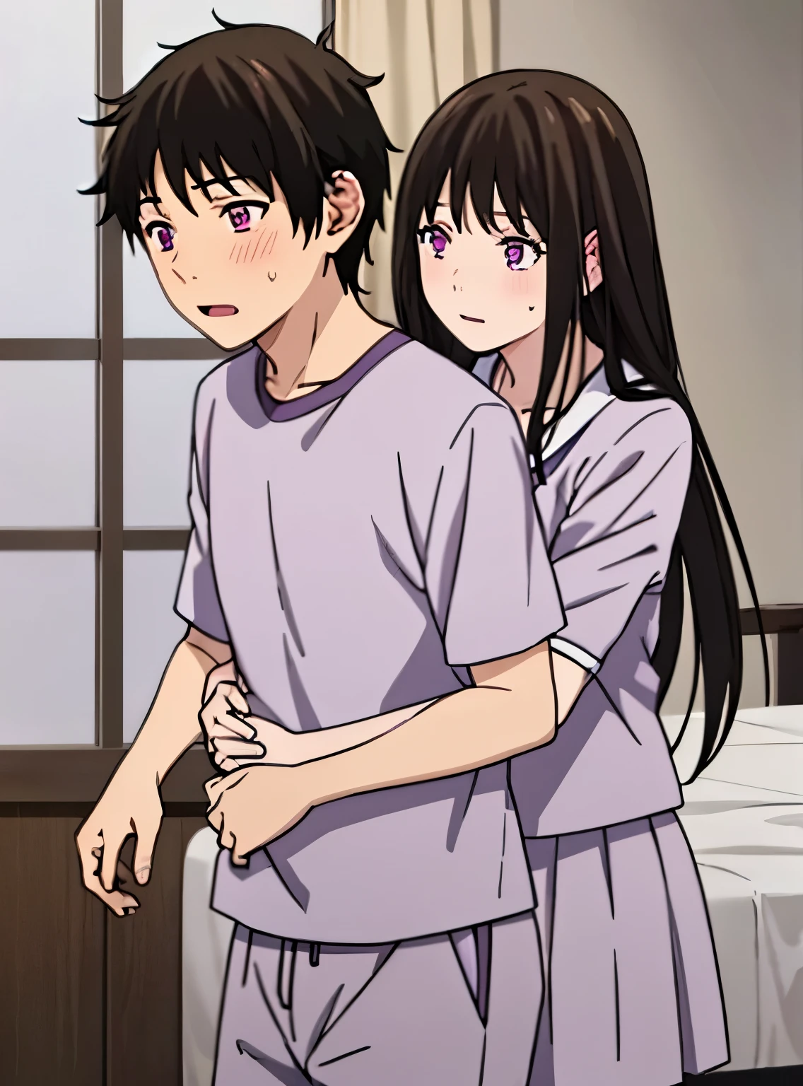 1boy, boy is behind girl, breast grope from behind, boy caressing girl's chest, 1girl, purple eyes, bangs, black hair, blush, breasts, medium breast, gym uniform, collarbone, blue gym shorts, white short sleeve gym shirt , indoors, night, passionate hug, lie on bed, breastgrope from behind