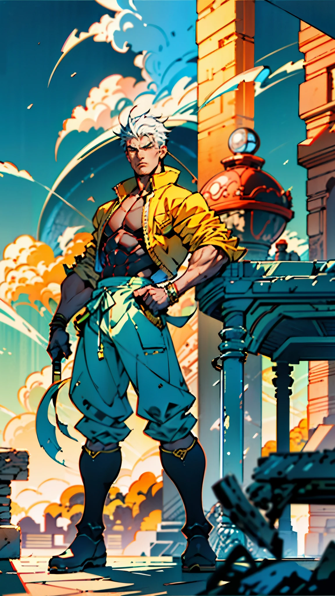 In the backdrop of an ancient fantasy-reality setting, a youth sporting a platinum crew cut displays a piercing gaze and confident demeanor. Adorned in a two-piece fusion outfit, seamlessly blending Western and Eastern influences, he wears a snug dark top paired with a vibrant yellow-blue short jacket. The lower half features loose white utility pants, and his sturdy long boots echo through the corridors of an antiquated architectural landscape. The overall aesthetic captures the essence of a refined and mature anime-inspired rogue, symmetrical face, extremely detailed eyes and face, high quality eyes, high definition, highres, ultra-fine painting, exquisite and mature, extremely delicate, professional, anatomically correct, creativity, UHD, HDR, 32k, Natural light, cinematic lighting, best shadow, masterpiece-anatomy-perfect, best quality, masterpiece, ultra-detailed