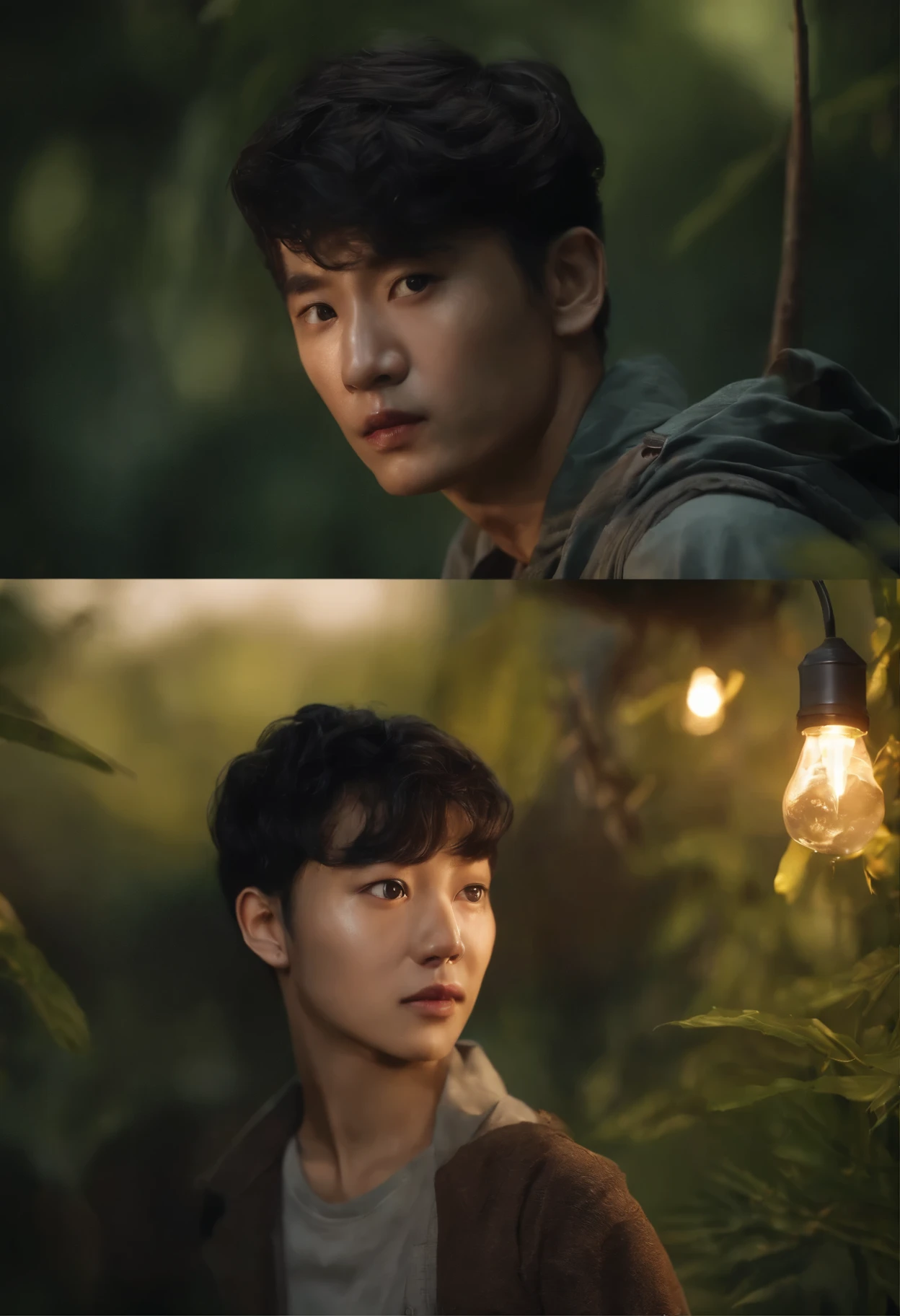 真实感, Realism, tmasterpiece, Brad Jongsan walks in the jungle (Night of the Fireflies), (higly detailed: 1 1), rough face, natural skin, hiquality, NSFW, pretty eyes, (Detailed face and eyes), (s face: 1 2), tumult, Complementary, real-photo, .PSD, Lightweight Film Photography, sharp-focus, contrast lighting, Detail Skin, high resolution 8k, Crazy detailing, Realistic, professional photo of a, 8K UHD, dslr, soft light, hiquality, film grains, Fujifilm XT3