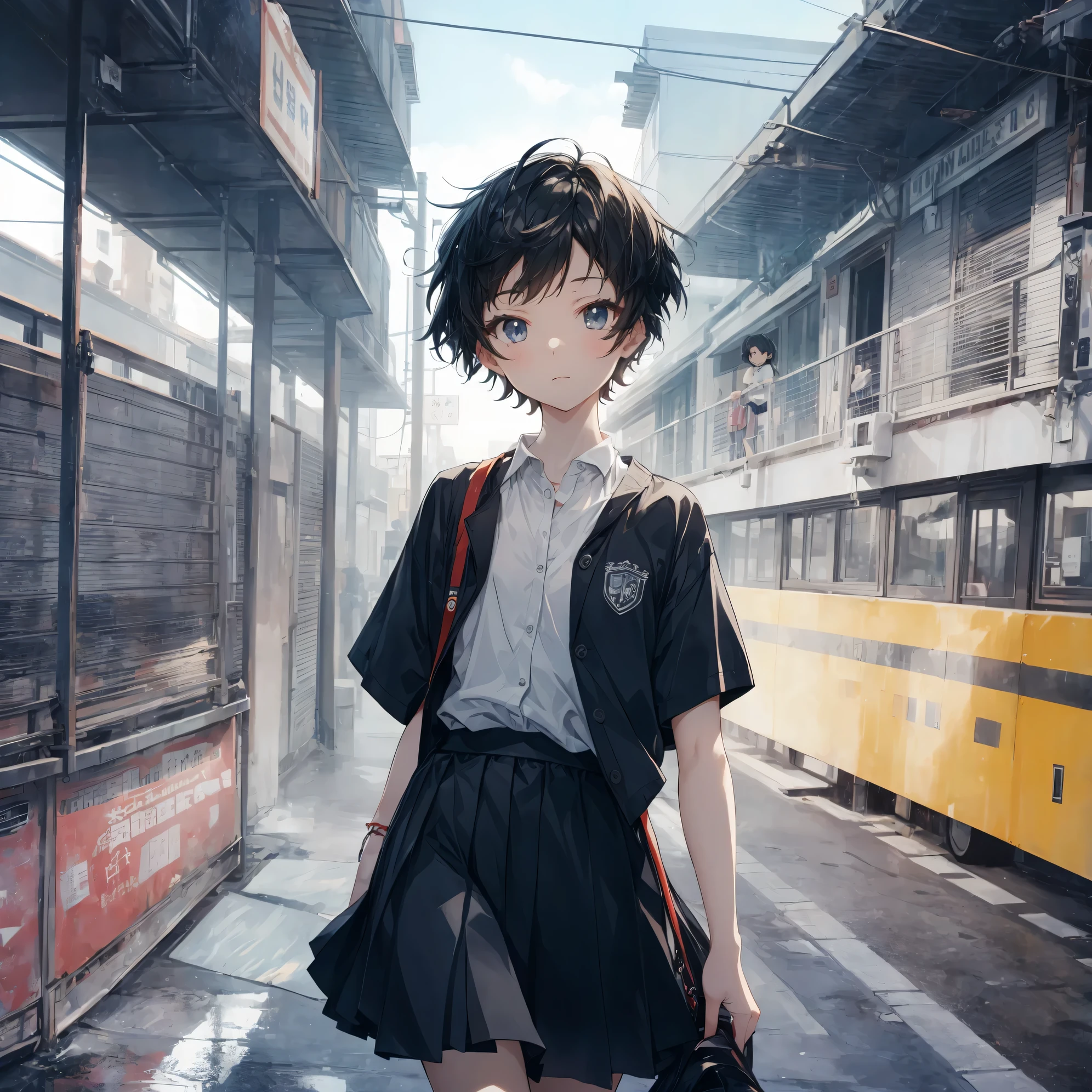 Super high quality by the art god, super detailed, High resolution, Ilya Kubshinov style, anime moe art style, best anime 8K konachan wallpaper, pixiv contest winner, perfect anatomy, break,(眠そうにalone学校へ行く女の子を描いてください. ),break, surreal high school girl, (alone,change, child,:1.3),All limbs, full finger,Middle schoos charm, ((((Ultra short hair)))), blunt short bangs, bowl cut hair, silver hair, flat and soft chest, small ass, between legs, small eyes,beautiful detailed black eyes, Well-proportioned iris and pupils, Expressionless, High resolutionの詳細な髪, school uniform, (skirt), On the way to school. break,super dense skin, Best lighting by famous artists, 8K, figure,