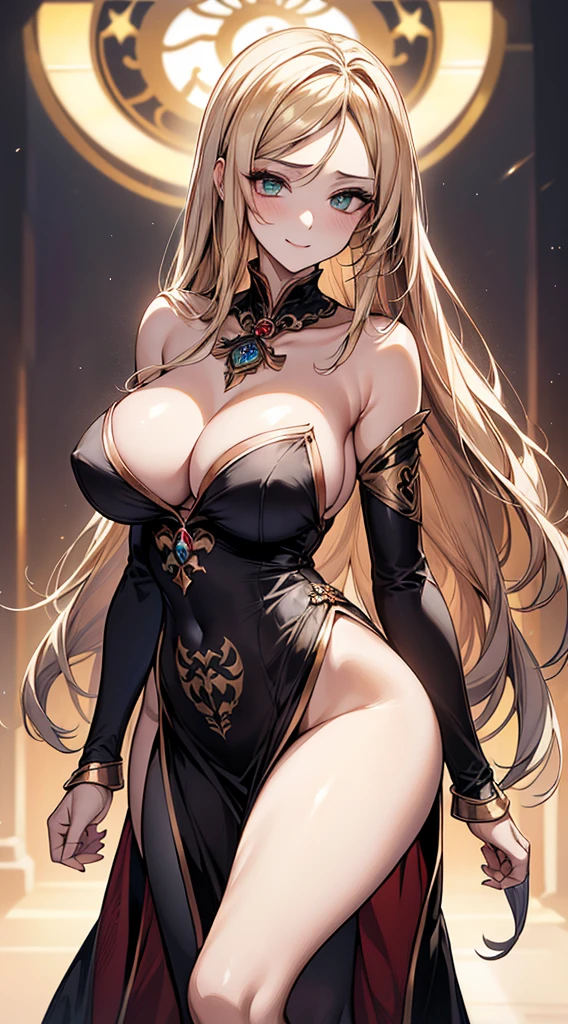 ((masterpiece, best quality, extremely detailed, absurdres)),((high resolution)) ,((8k)), a beautiful woman, ((She is one of the most famous dark priestess.)), unparalleled beauty, ((large breasts:1.4)), ((large ass)), ((deep cleavage)), slim waist, chest out, ((ultra detailed face)), perfect skin, ((((waist length hair, long straight golden hair, crossed bangs)))), green eyes, whole body image, sexy, an inviting smile, (((anime))), ((glamorous)), sexual attraction ,23 years old, ((incredibly beautiful woman)), ((((provocative)))), ((The H cup bust)), ((((sexy pose)))), ((neat and clean.)), ((((dark priestess)))), ((magic light)), Secret meeting, (((no wear a hat, no wear a cap))), ((no head accessory)), anime:1.4, gravure pose,