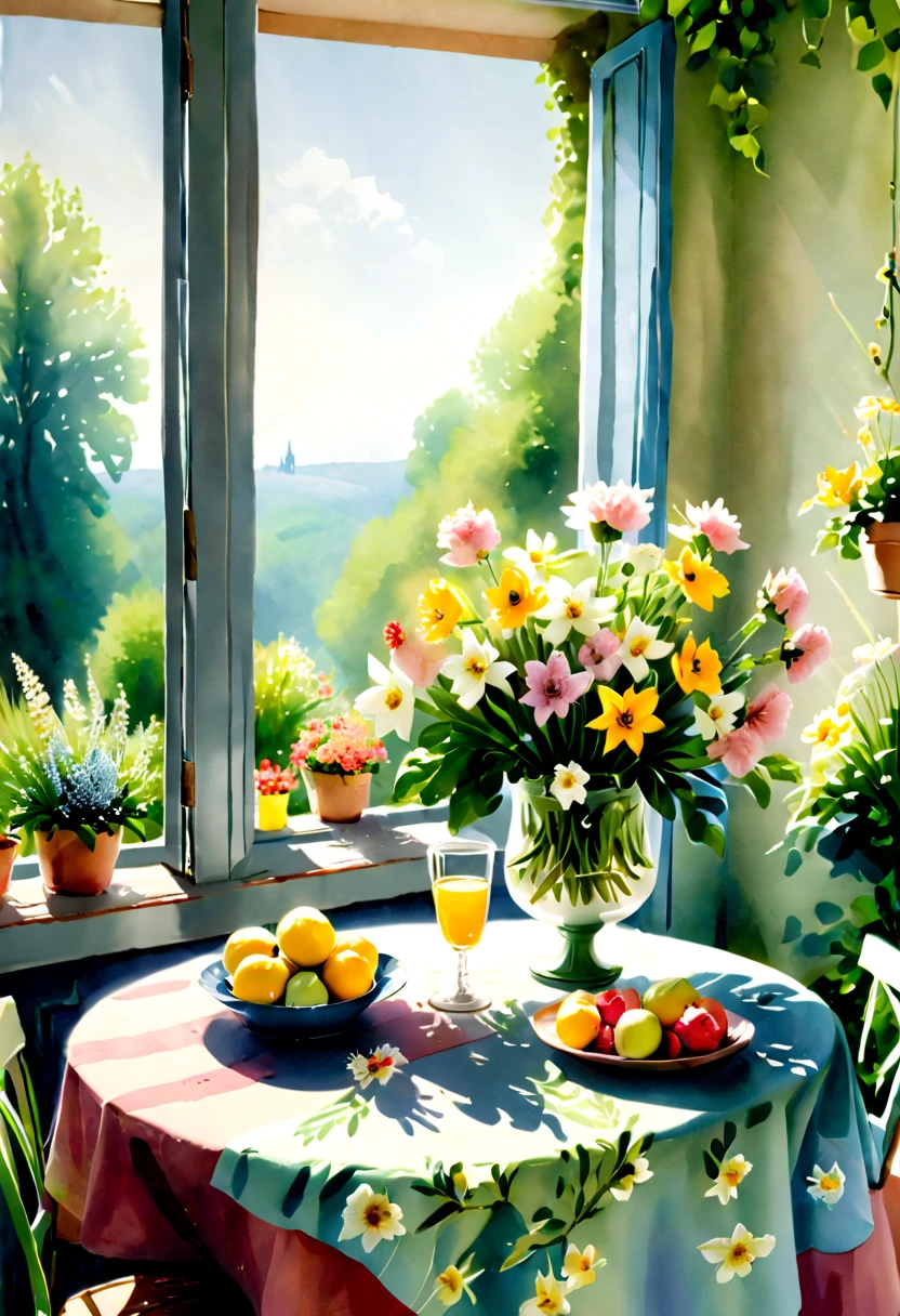 Close-up of a table，There is a vase of flowers on it, pleasant environment, There is a French garden, house kitchen on a sunny day, French countryside interior, author：Bernard D&#39;Andrea, Bright windows illuminate the kitchen, Architectural Digest, home and garden magazine, house and garden, Architectural Digest photo, summer morning light, There are flowers and plants, (floral watercolor painting:1.5)