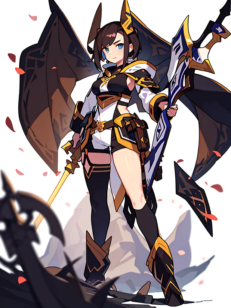 solo female, (((standing))), front body, (((straight on))), (((white background, blurry background))), character focus, fantasy clothes, character design, shorts, holding weapon, fullbody,