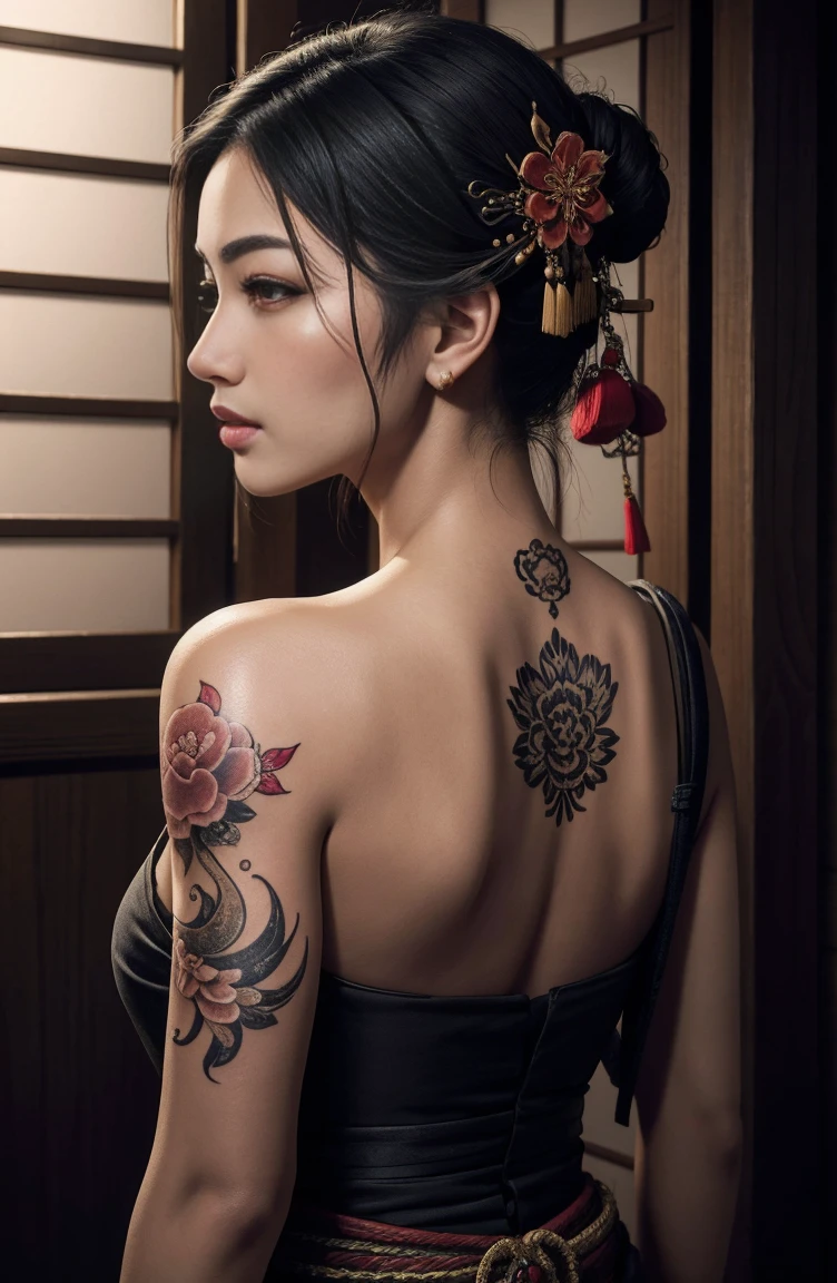 Tattoo on the back of a courtesan seen from behind, background is black peony
