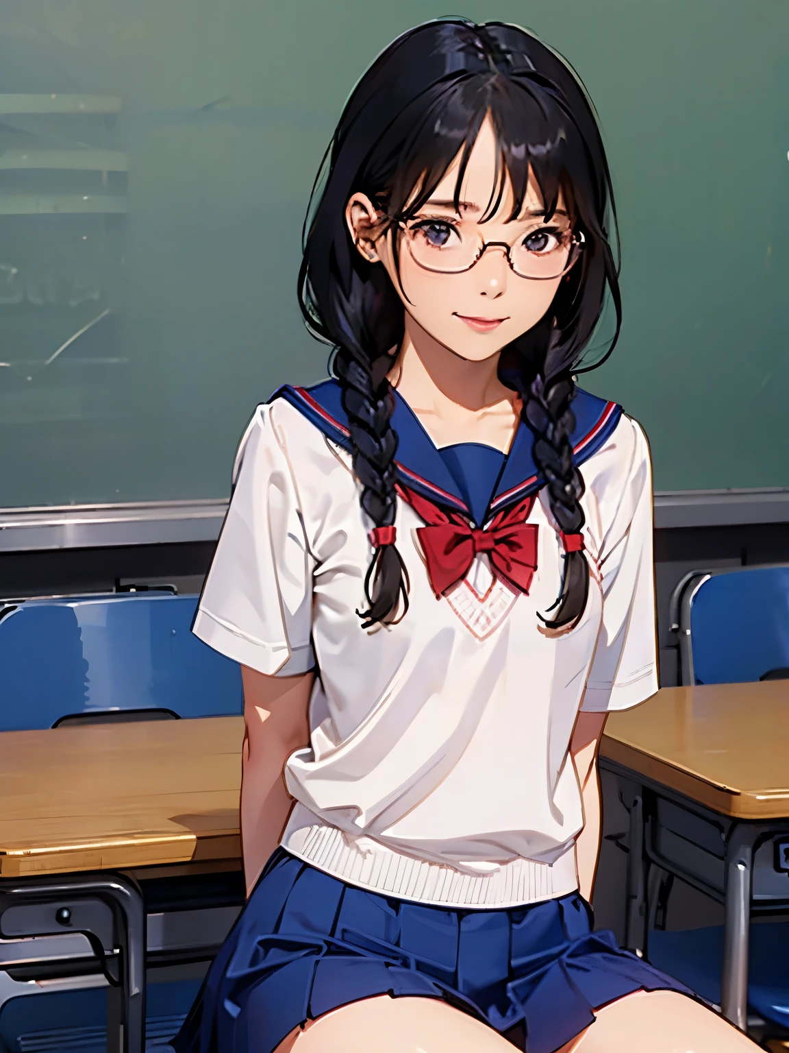 (((masterpiece))) ((( background : school theme : students : in classroom ))) ((( character : Lee Ji Eun : fit body : braided hair : nerd : wearing glasses : school uniform : sitting : shy smile )))