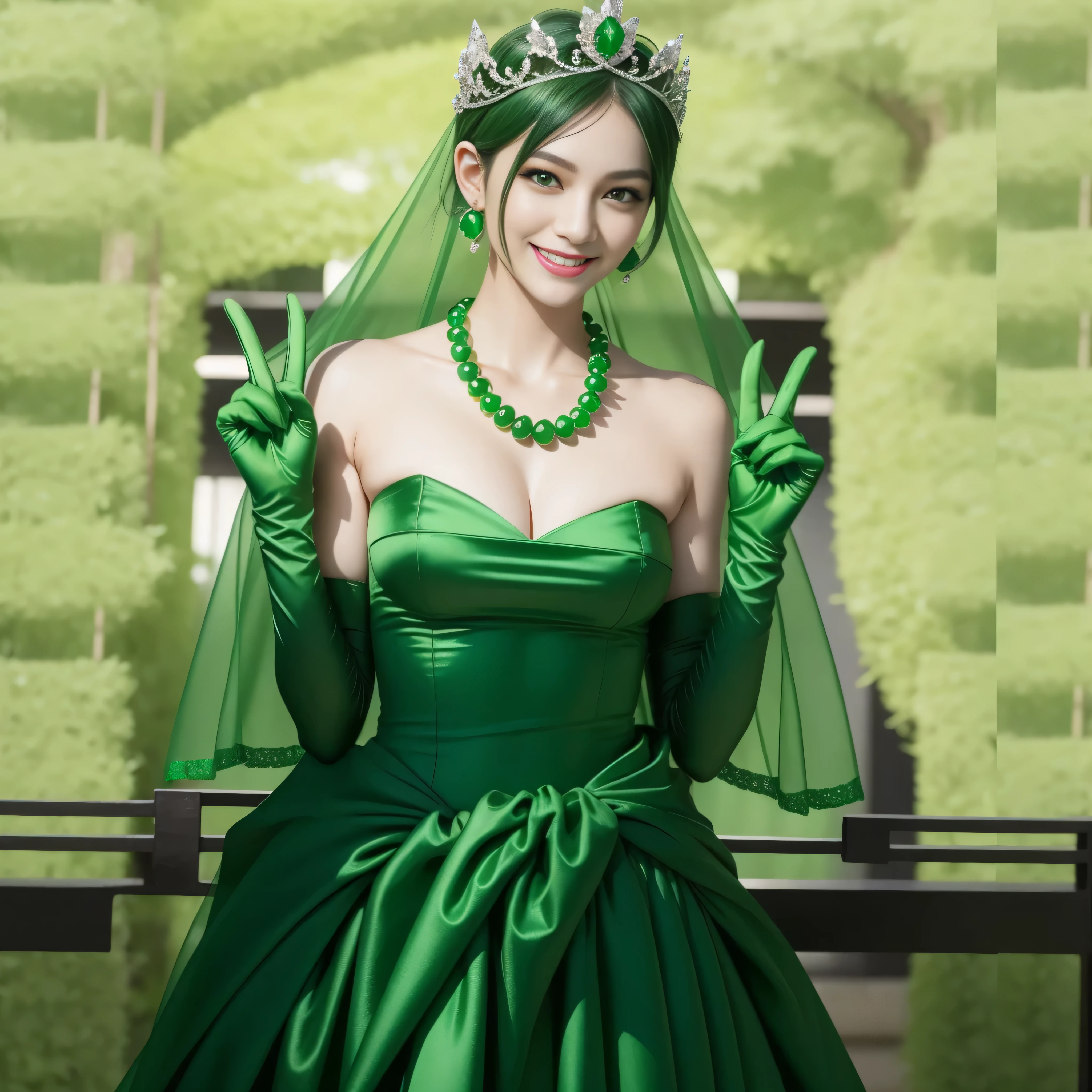 emerald tiara, green pearl necklace, boyish very short green hair, lipstick, smiling Japanese woman, very short hair, big breasts beautiful, green eyes, Long green satin gloves, green eyes, V sign, emerald earrings, green veil