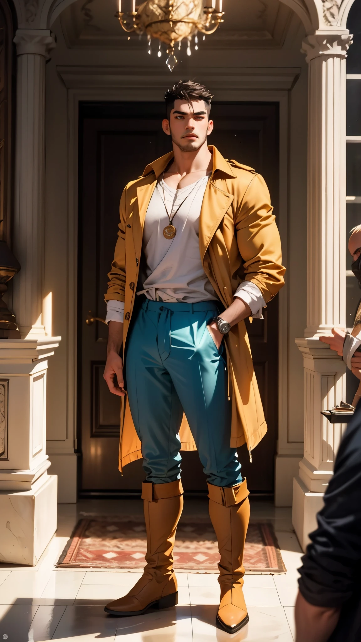 In the backdrop of an ancient fantasy-reality setting, a youth sporting a platinum crew cut displays a piercing gaze and confident demeanor. Adorned in a two-piece fusion outfit, seamlessly blending Western and Eastern influences, he wears a snug dark top paired with a vibrant yellow-blue short jacket. The lower half features loose white utility pants, and his sturdy long boots echo through the corridors of an antiquated architectural landscape. The overall aesthetic captures the essence of a refined and mature anime-inspired  rogue, symmetrical face, extremely detailed eyes and face, high quality eyes, high definition, highres, ultra-fine painting, exquisite and mature, extremely delicate, professional, anatomically correct, creativity, UHD, HDR, 32k, Natural light, cinematic lighting, best shadow, masterpiece-anatomy-perfect, best quality, masterpiece, ultra-detailed