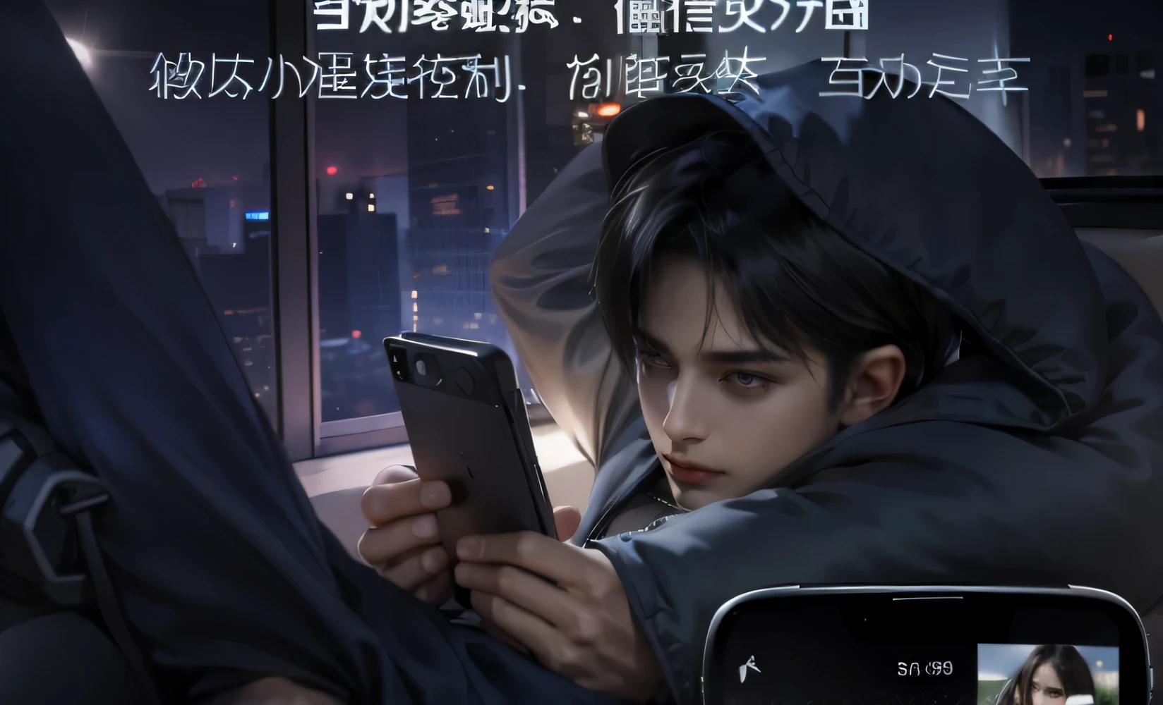 1boys, alone, black hoodie, black long pants, white shoes, Lamborghini front face, street, White skin, 18 years old, Irregular sitting posture, black hair, black eyes, Innocent, Detailed face, exquisite eyes, Head-up shooting, divinelight, glowing light, modern, 85mm, Nikon, Super details, textured skin, anatomically correct, high resolution, best quality, 8k, masterpiece,Lying in bed,boys