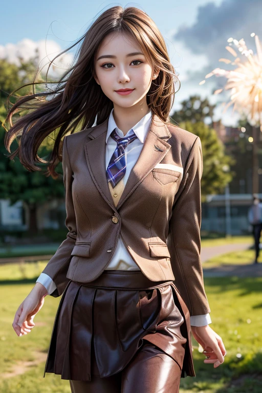 table top, highest quality, figure, super detailed, finely, High resolution, 8k wallpaper, 完璧なダイナミックな構figure, beautiful and fine eyes,medium hair, natural color lip,smile,(Wearing a brown school blazer uniform:1.3),(long hair:1.3),standing in the park,(The wind blows and lifts up my brown skirt,I can see your pants:1.6),cowboy_shot,18 year old girl,Backlight