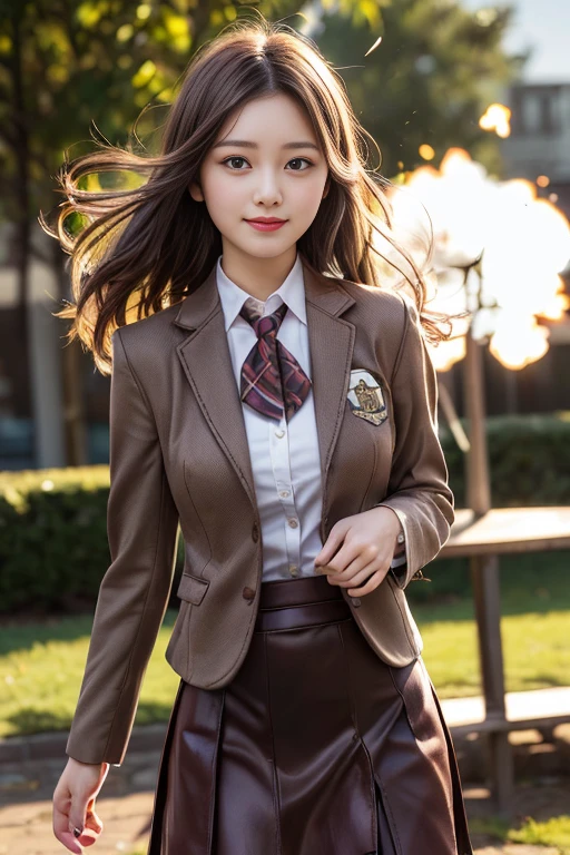 table top, highest quality, figure, super detailed, finely, High resolution, 8k wallpaper, 完璧なダイナミックな構figure, beautiful and fine eyes,medium hair, natural color lip,smile,(Wearing a brown school blazer uniform:1.3),(long hair:1.3),standing in the park,(The wind blows and lifts up my brown skirt,I can see your pants:1.6),cowboy_shot,18 year old girl,Backlight