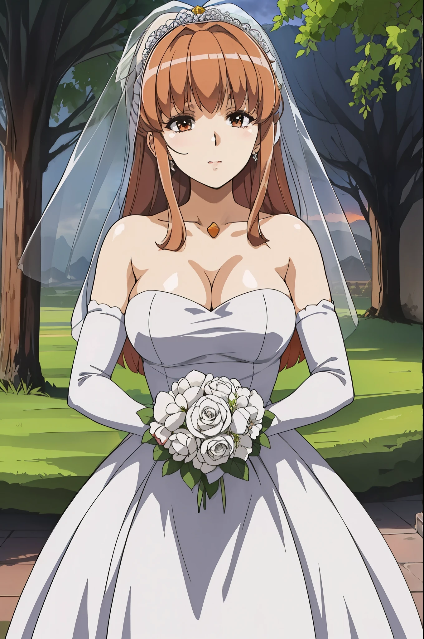 outdoor,Sunset, twilight,, castle,Red_Sky,Sunlight, sunrise, backlight,cloud, cloudy_Sky,mountainous_horizon, orange_
Black_hair,Black_Eye,long_hair,Bangs,
Close-up of beautiful bride wearing beautiful wedding dress,Gurwitz,(bridal veil:1.5),(Transparent short veil:1.5),Blushing face,Head flower,headgear,(tube top wedding dress:1.5),(Silk dress:1.2),(Strapless wedding dress:1.5),pure white dress,necklace,earrings,(large breasts:1.3),Deep V peach heart collar wedding dress,Bangs,lipstick,(lace gloves:1.3),whole body照,High detail RAW color art,Long white dress,whole body,Place your hands behind your back,