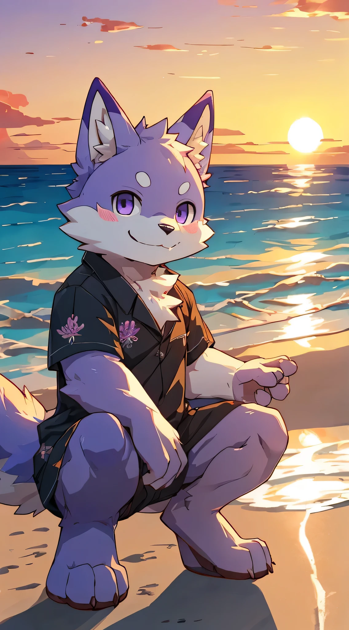 furry,fur,body fur,alone,male,(Smile),((ocean,Sunset)),short sleeves,Character focus, fur, purple,rest,Not the,purple眼睛,charming,purple眼睛!!!,Squat on the beach,淡purple身体!!!,Four fingers,Pink meatballs,complete hands
