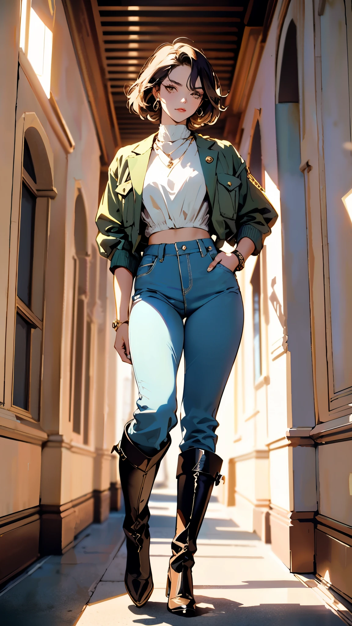 In the backdrop of an ancient fantasy-reality setting, a youth sporting a platinum crew cut displays a piercing gaze and confident demeanor. Adorned in a two-piece fusion outfit, seamlessly blending Western and Eastern influences, he wears a snug dark top paired with a vibrant yellow-blue short jacket. The lower half features loose white utility pants, and his sturdy long boots echo through the corridors of an antiquated architectural landscape. The overall aesthetic captures the essence of a refined and mature anime-inspired  rogue, symmetrical face, extremely detailed eyes and face, high quality eyes, high definition, highres, ultra-fine painting, exquisite and mature, extremely delicate, professional, anatomically correct, creativity, UHD, HDR, 32k, Natural light, cinematic lighting, best shadow, masterpiece-anatomy-perfect, best quality, masterpiece, ultra-detailed