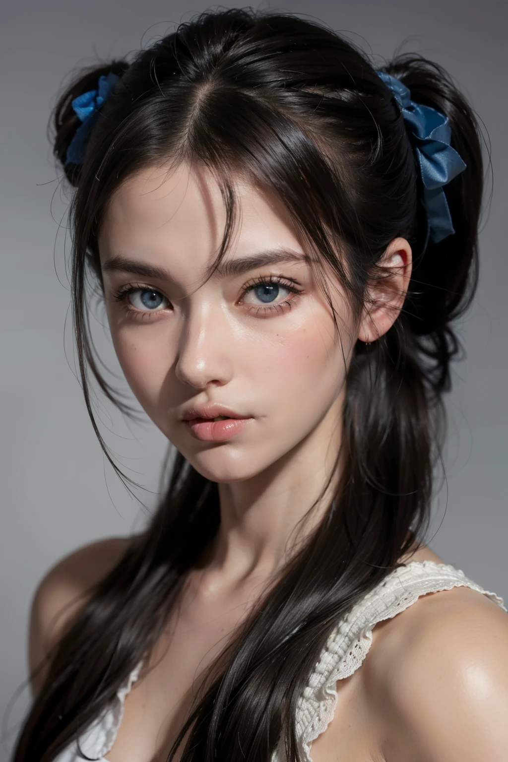 ((Best quality)), ((masterpiece)), (detailed), perfect face of a young girl, portrait, face only, Dark hair, Two ponytails, Blue eyes, European face
