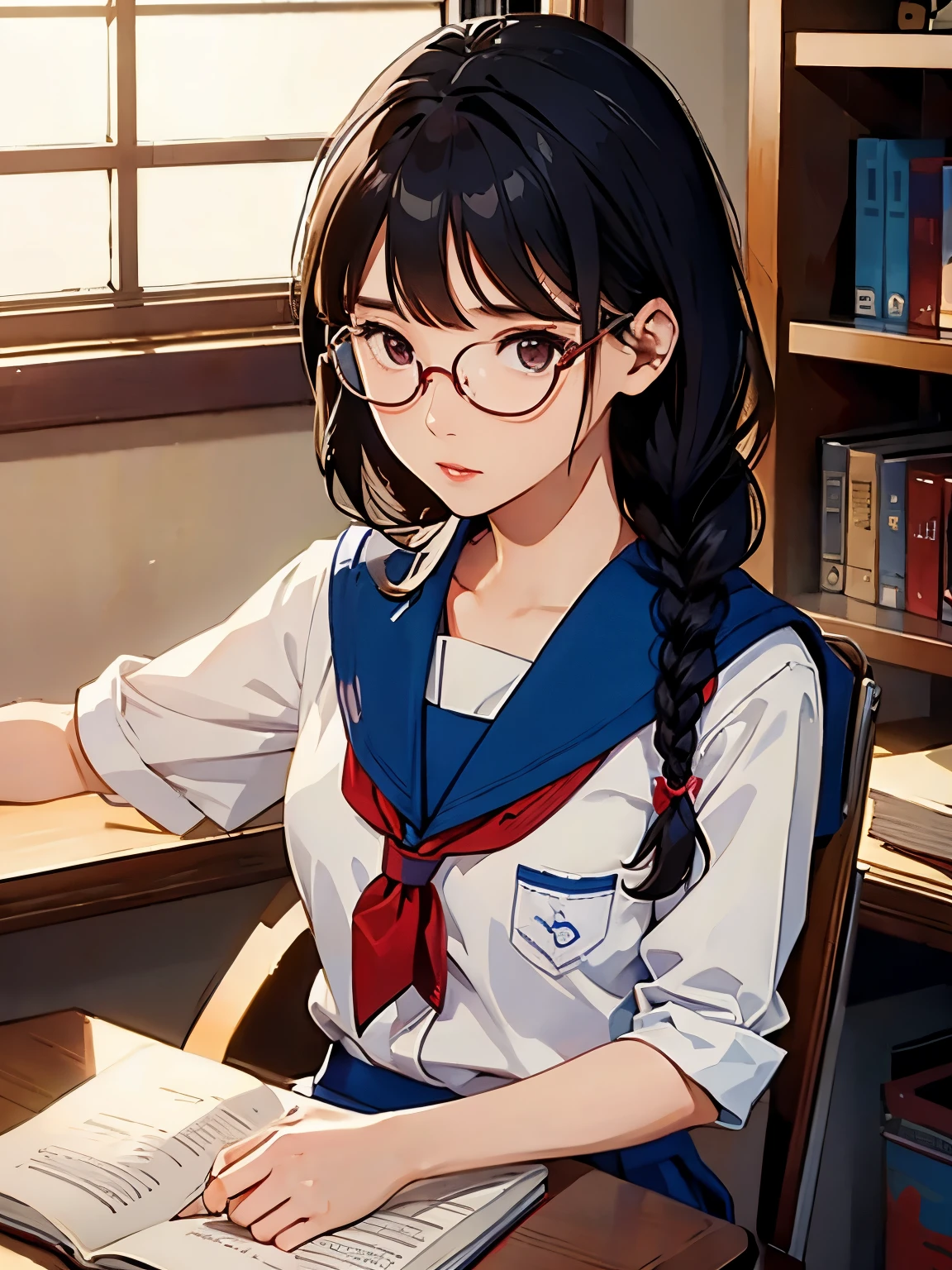 (((masterpiece))) ((( background : school theme : students : in library ))) ((( character : Lee Ji Eun : fit body : braided hair : nerd : wearing glasses : school uniform : sitting : studying )))