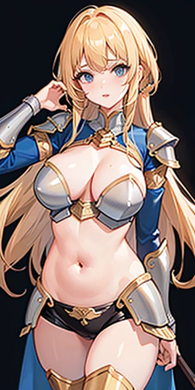 4K,8k, superb, Sexy, woman, Briton, （blonde：1.2）, (navel: 1.2), plump breasts, (Light armor:1.2),(Ornately decorated armor),（Blue leather coat：1.1）