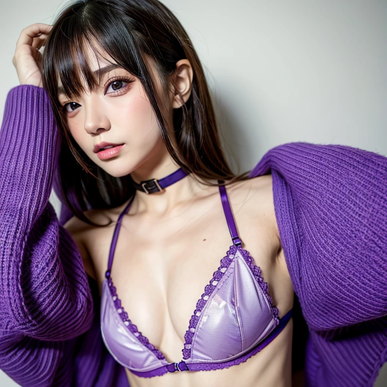 Small breast, purple underwear, collar