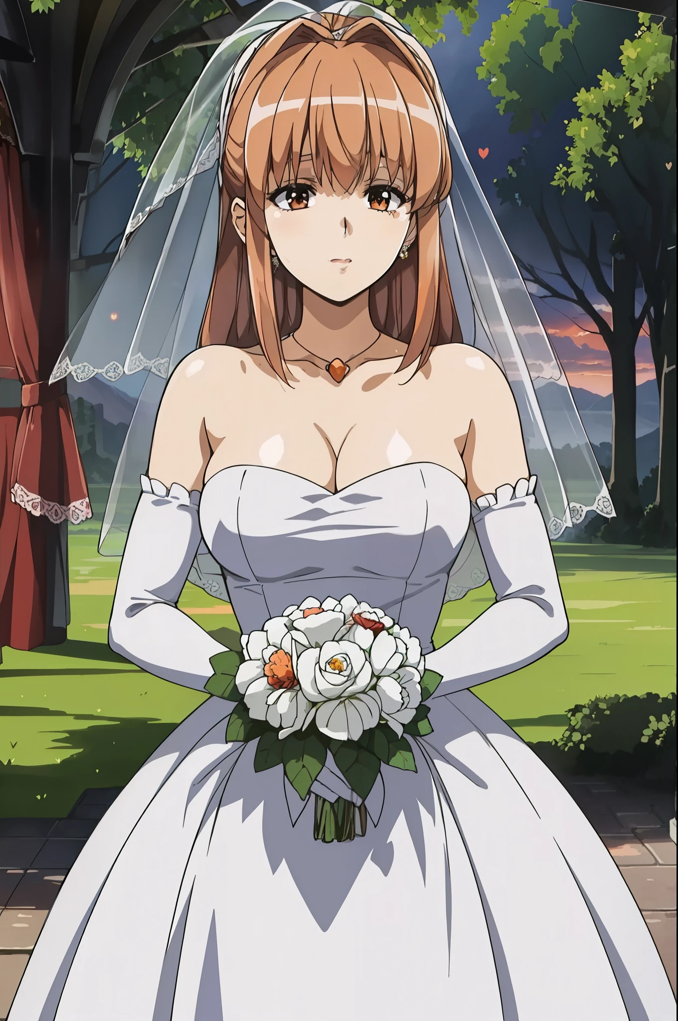two-dimensional, masterpiece, best quality, Japanese cartoons, Very detailed, 1 girl, alone,  chizuru, beautiful bride,Gurwitz,(large breasts:1.5),pillory，Head flail，hand flail，flail，(bridal veil:1.5），（Transparent short veil：1.5）,Blushing face，Head flower，headgear，，（tube top wedding dress：1.5），（silk dress：1.2）,（strapless wedding dress：1.5）,pure white dress，necklace，earrings，