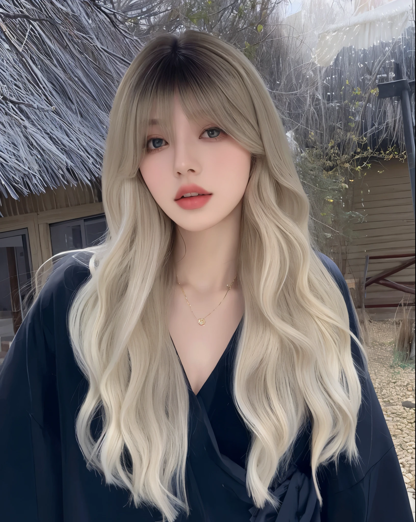 blonde woman long hair and a black top posing for a picture, Long white hair and bangs, 刘海long hair, 齐刘海long hair, with long white hair, Urzan, Larissa Manobar, with white hair, 飘逸飘逸的long hair, Baiji haircut hairstyle, ash blonde gray hair, long hair, Two colors of hair