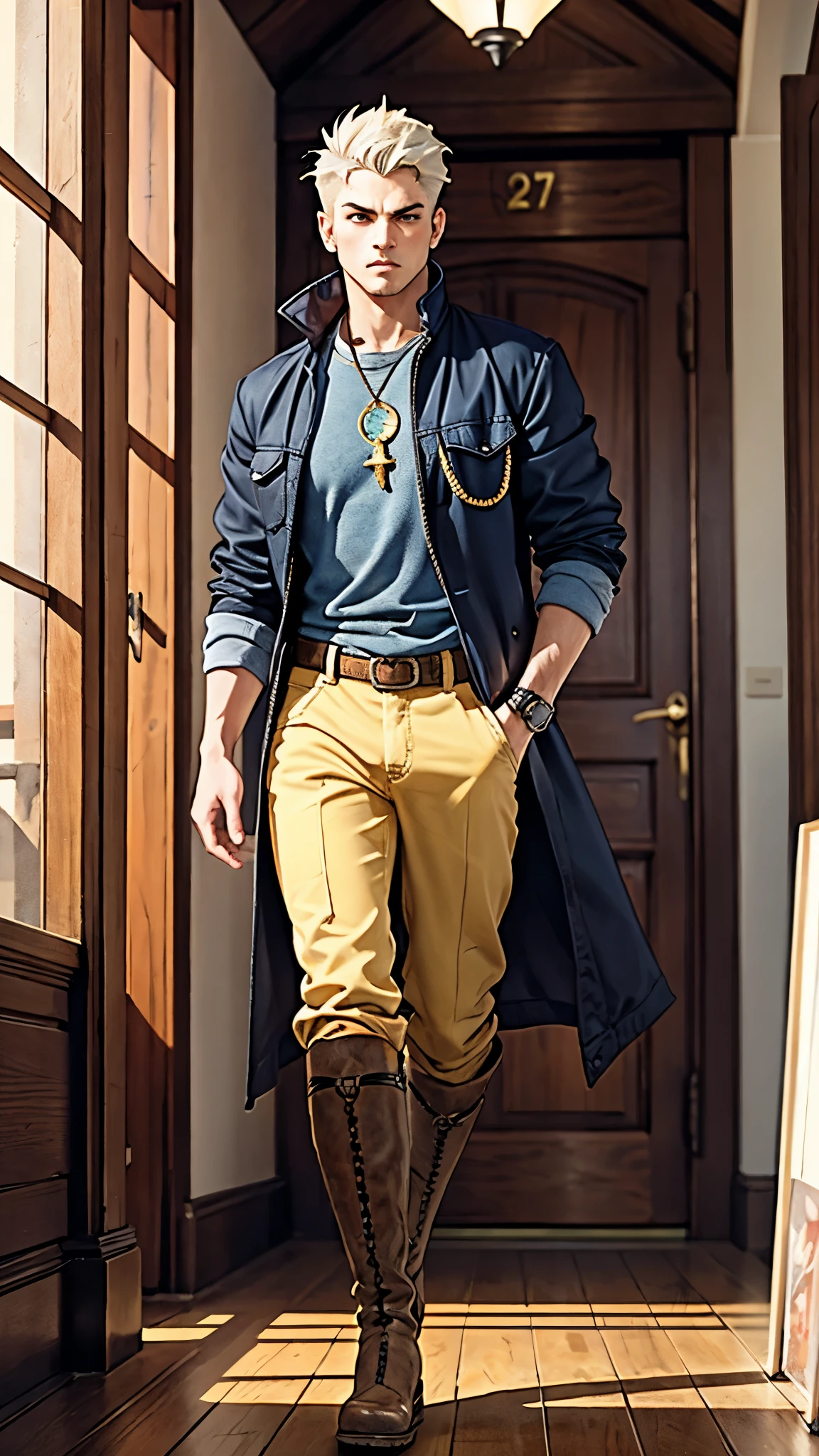 In the backdrop of an ancient fantasy-reality setting, a youth sporting a platinum crew cut displays a piercing gaze and confident demeanor. Adorned in a two-piece fusion outfit, seamlessly blending Western and Eastern influences, he wears a snug dark top paired with a vibrant yellow-blue short jacket. The lower half features loose white utility pants, and his sturdy long boots echo through the corridors of an antiquated architectural landscape. The overall aesthetic captures the essence of a refined and mature anime-inspired  rogue, symmetrical face, extremely detailed eyes and face, high quality eyes, high definition, highres, ultra-fine painting, exquisite and mature, extremely delicate, professional, anatomically correct, creativity, UHD, HDR, 32k, Natural light, cinematic lighting, best shadow, masterpiece-anatomy-perfect, best quality, masterpiece, ultra-detailed