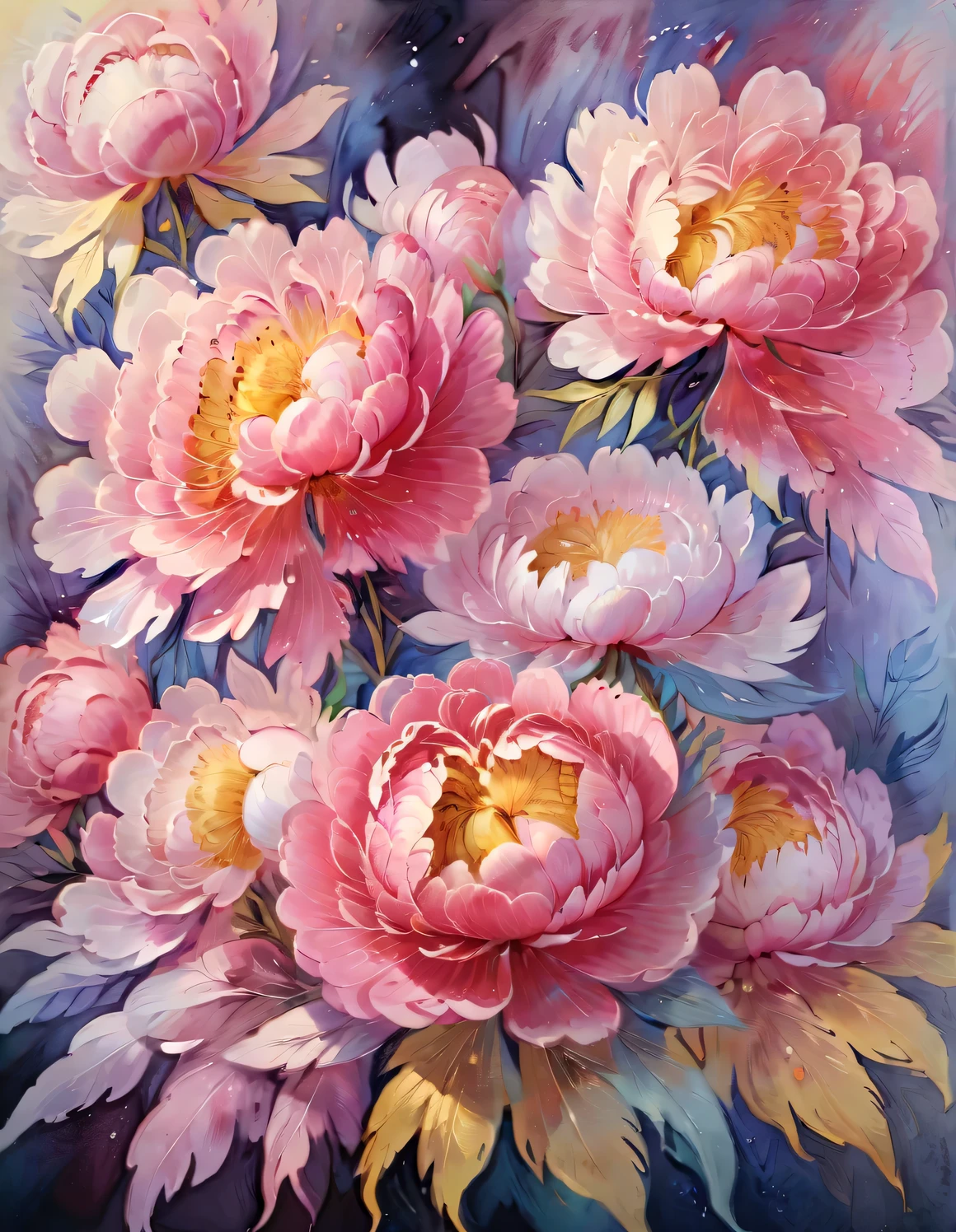 （Colorful peonies gathered together super close-up：1.37），（There are no leaves：1.2），complex composition，flowers，dark background，，watercolor painting，illustration