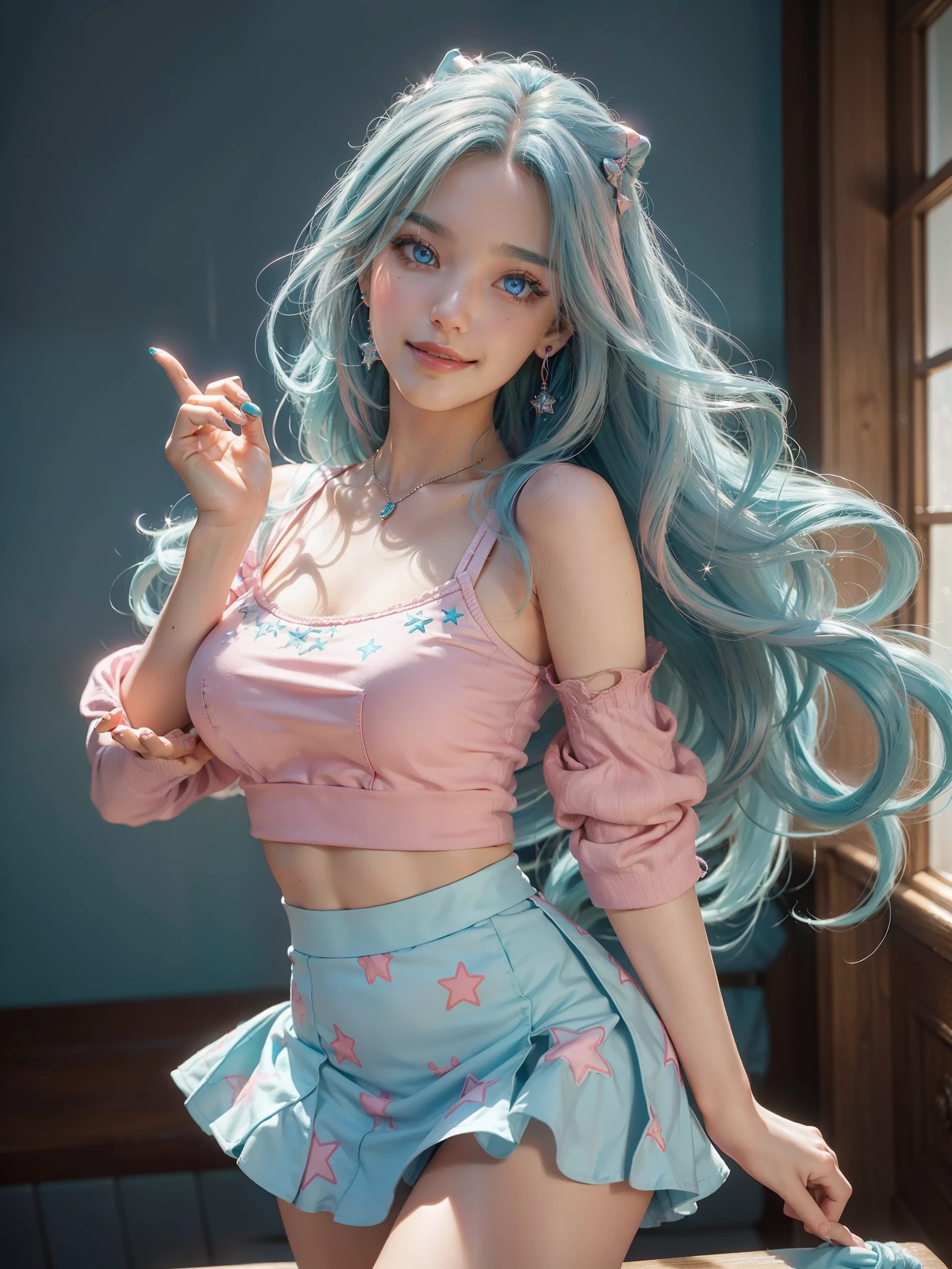 (masterpiece:1.2), (best quality:1.2), close up, hyper realistic,highestres,absurdres,extremely detailed,volumetic,dramatic lighting, 1girl,detailed eyes,face, ((leaning)),a most beautiful woman with long wavy aqua-blue hair, (aqua-blue hair), (blue glowing eyes), casual modern fashion, ((Wearing a thigh white shirt and mini pink skirt with stars pattern)), pink star earrings, Posing for photos in a beautiful room, vivid colors, trending on pinterest, Tumblr, 3d, character design, dynamic, gorgeous, cute face, (sweet smile), niji expressive style, 4k, highly detailed, cute cool, photoshoot , accurate hands, realistic hands, volumetric lighting,