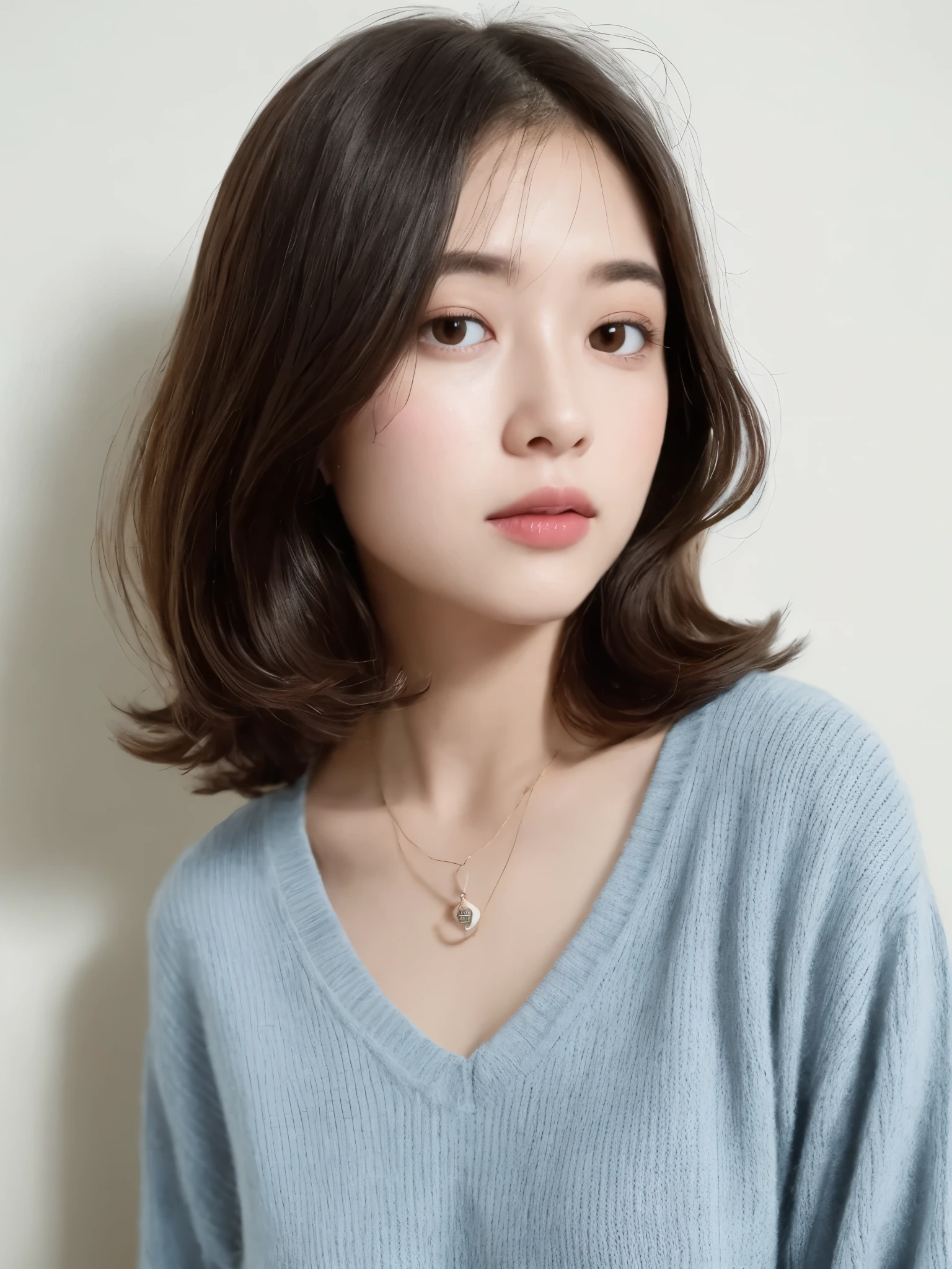 long hair、long hairstyle、profile、 beautiful long hair、hand movement hand to mouth、realistic skin、Natural light、natural face、natural skin、(top-quality、8K、32K、masterpiece、nffsw:1.2)、Shot on 35mm lens、cute little、Photos of Japan women、35mm、bob hair、Upper body、face focus、Oversized_Sweaters、necklace、simple background、From above、look at the audience、mix4、(8K、RAW photo、Highest image quality、masterpiece:1.2)、(Realistic、photorealistic:1.37)、1girl in、cute little、Professional Writing、photon mapping、Physically based rendering、gradient brunette hair、short curly hair、good looking、girly、excellent image quality、High resolution、1080p、(Clear face)、(Detailed facial description)、(Detailed hand description)、(master piece)、(exquisite CG)、extreme light and shadow、messy hair、masterpiece、rich details、(exquisite facial features)、(Highest image quality)、(masterpiece)、(detailed eyes)、looking forward to your eyes、delicate clavicle、pose variadas、don't watch mela、profile、white wall、I took this photo in front of the white door.、(窓のあるwhite wallの部屋)、autumn clothes、Winter clothes、シンプルnecklace、Light blue knitwear